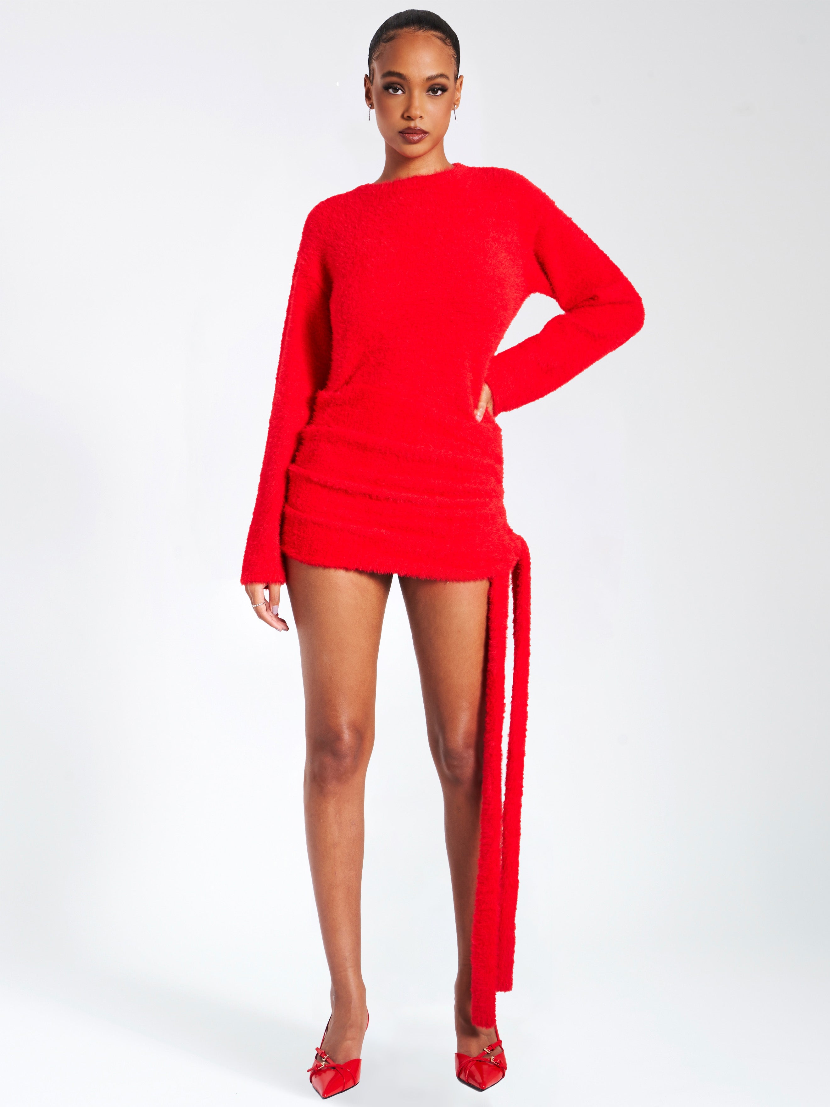 Keira Red Knit Long Sleeve Backless Sweater Dress