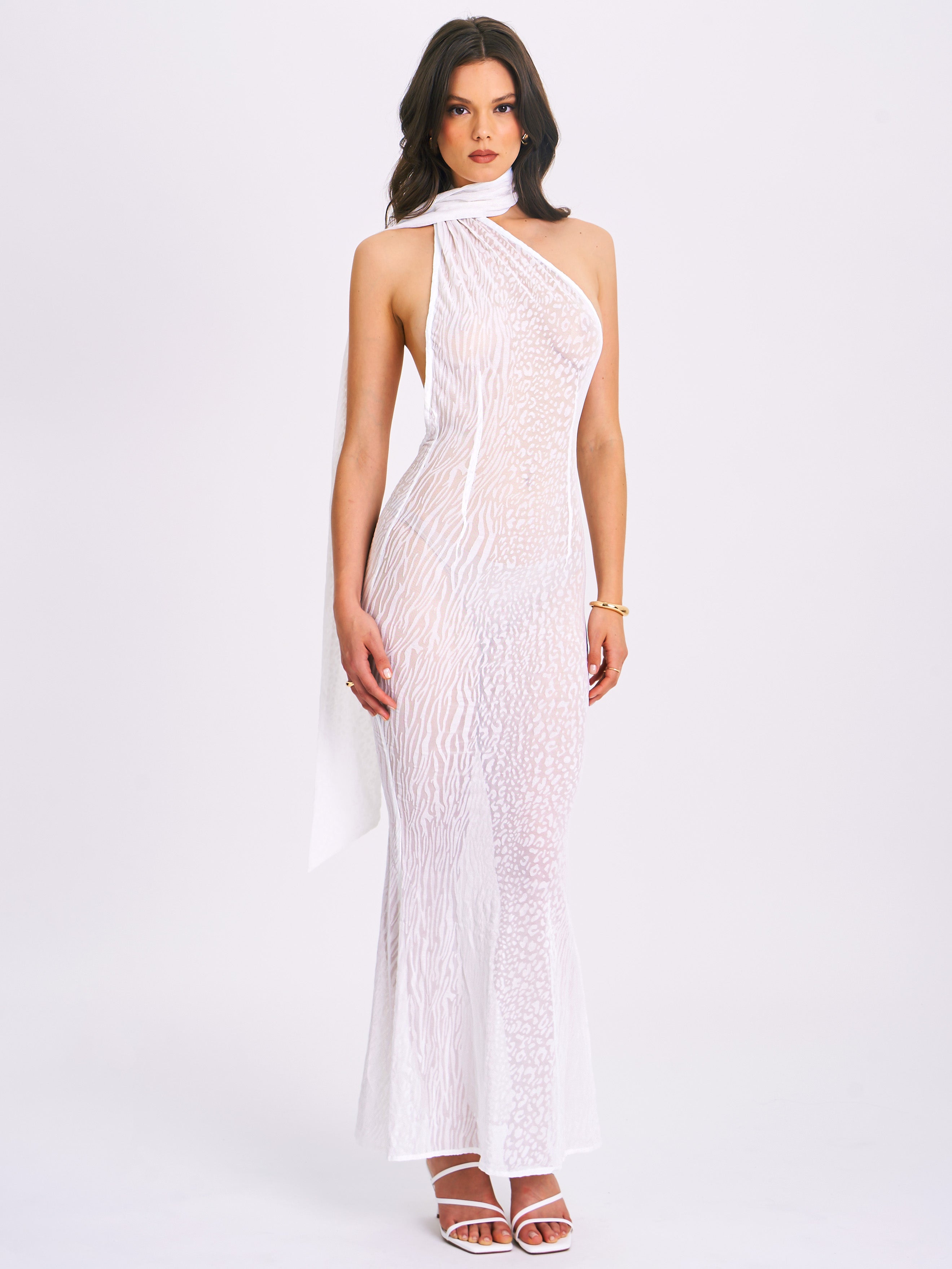 Olena White Burnout Velvet Animal Print Mesh Halter Neck Maxi Dress