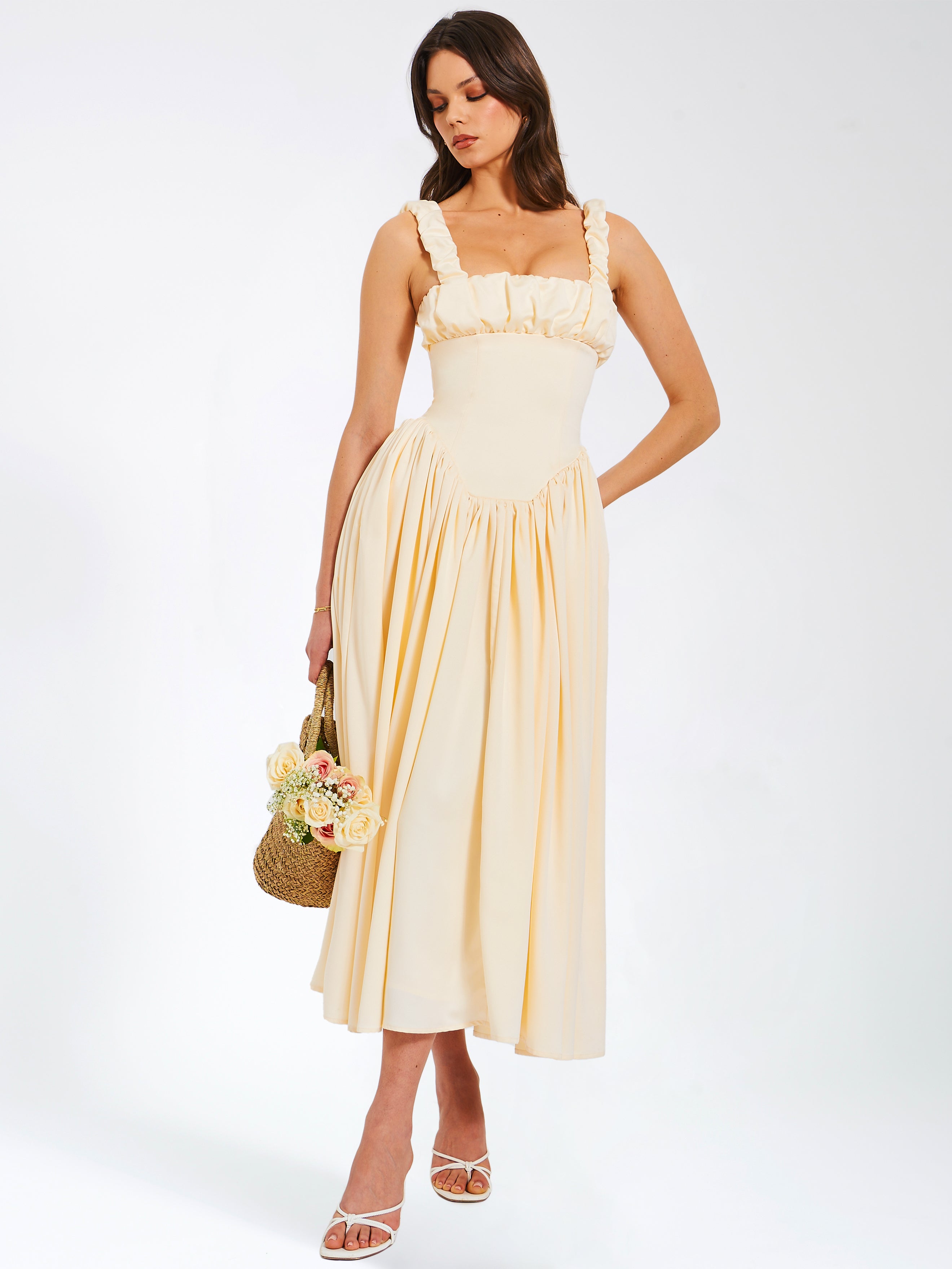 Miss Circle Women Noreen Egg White Satin Drop Waist Maxi Sundress Miss Circle Women Noreen Egg White Satin Drop Waist Maxi Sundress