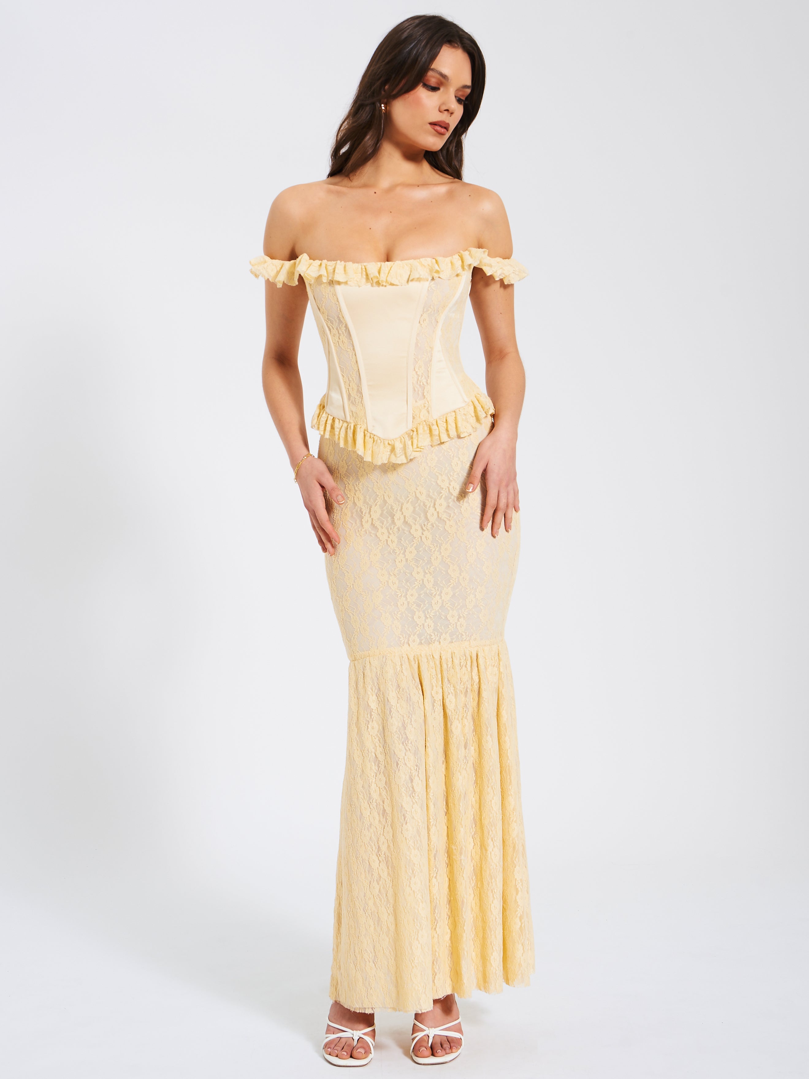 Ersilia Pale Yellow Satin Lace Peplum Corset Off Shoulder Maxi Dress