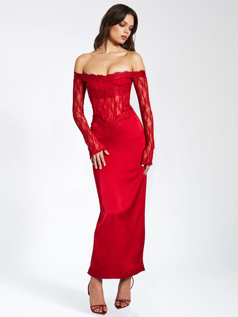 Nessa Red Lace Satin Corset Maxi Dress