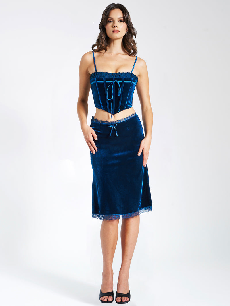 Londyn Teal Velvet Corset Top With Lace Trim