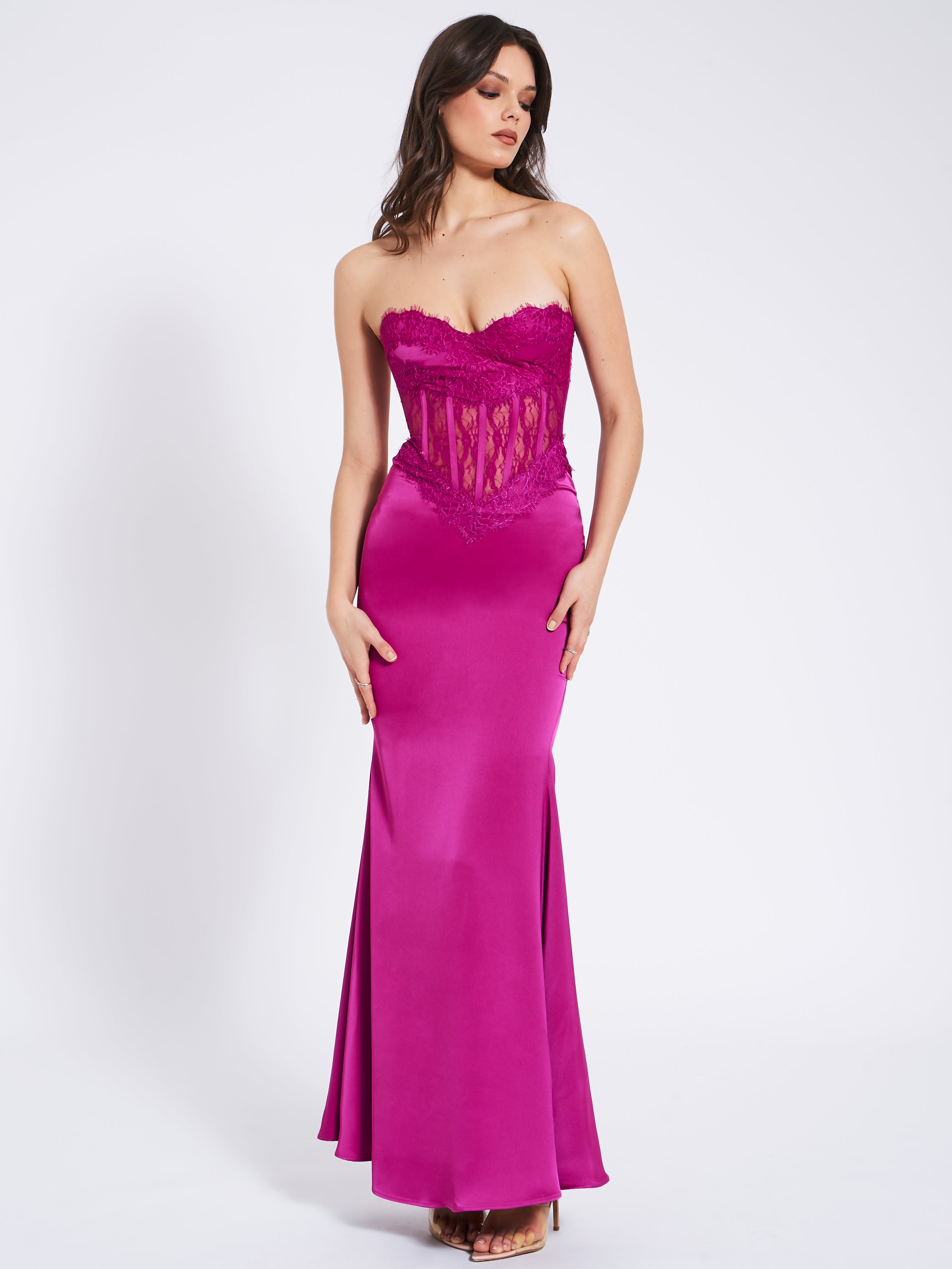 Everleigh Fuchsia Lace Satin Corset Maxi Dress (Archive Sale) Everleigh Fuchsia Lace Satin Corset Maxi Dress (Archive Sale)