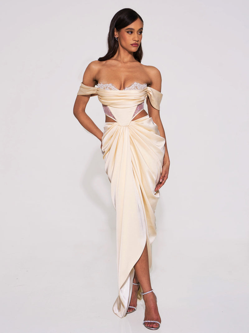PEARL WHITE LACE SATIN CORSET GOWN