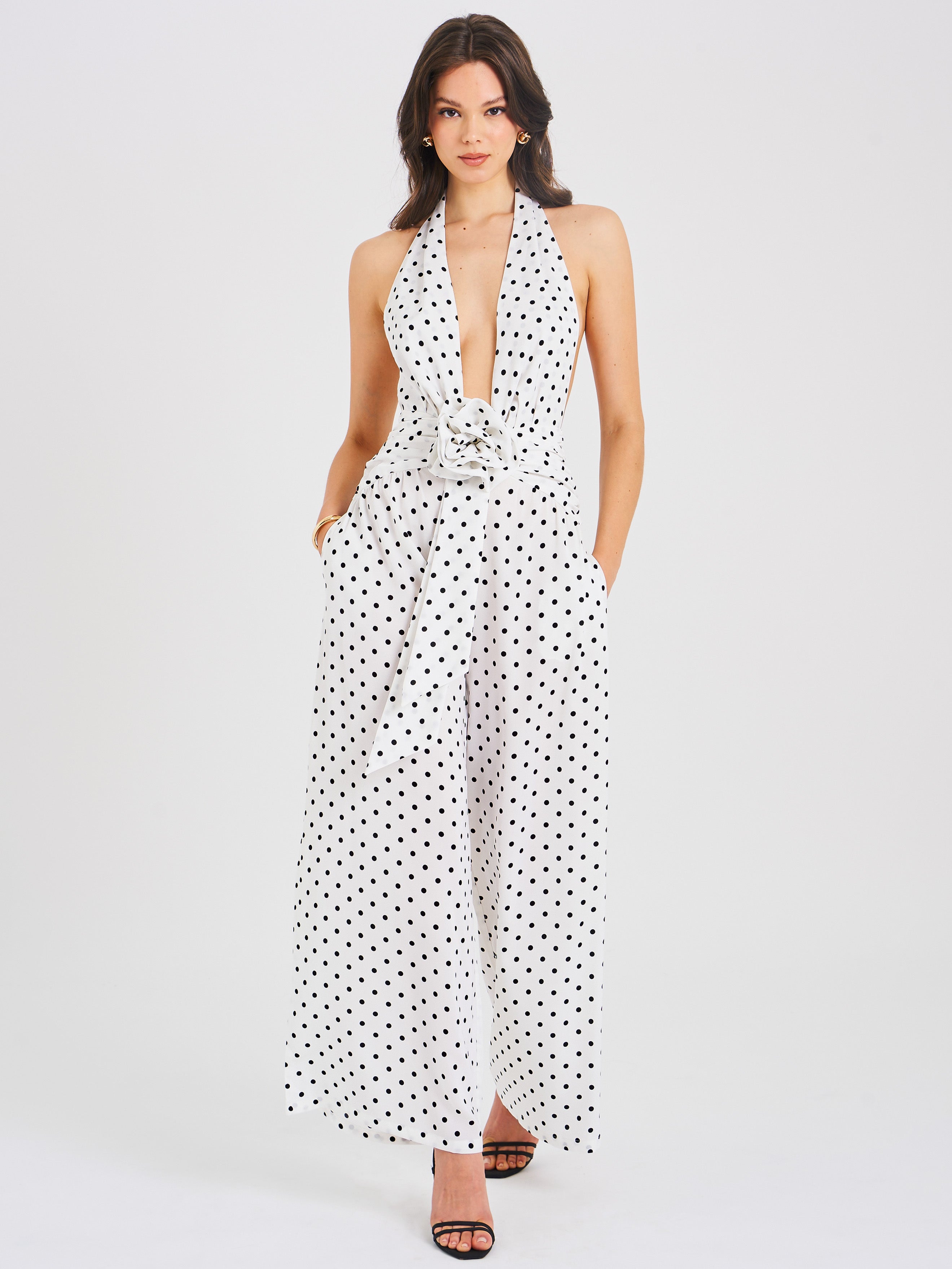 Oriana White Polka Dots Halter Jumpsuit