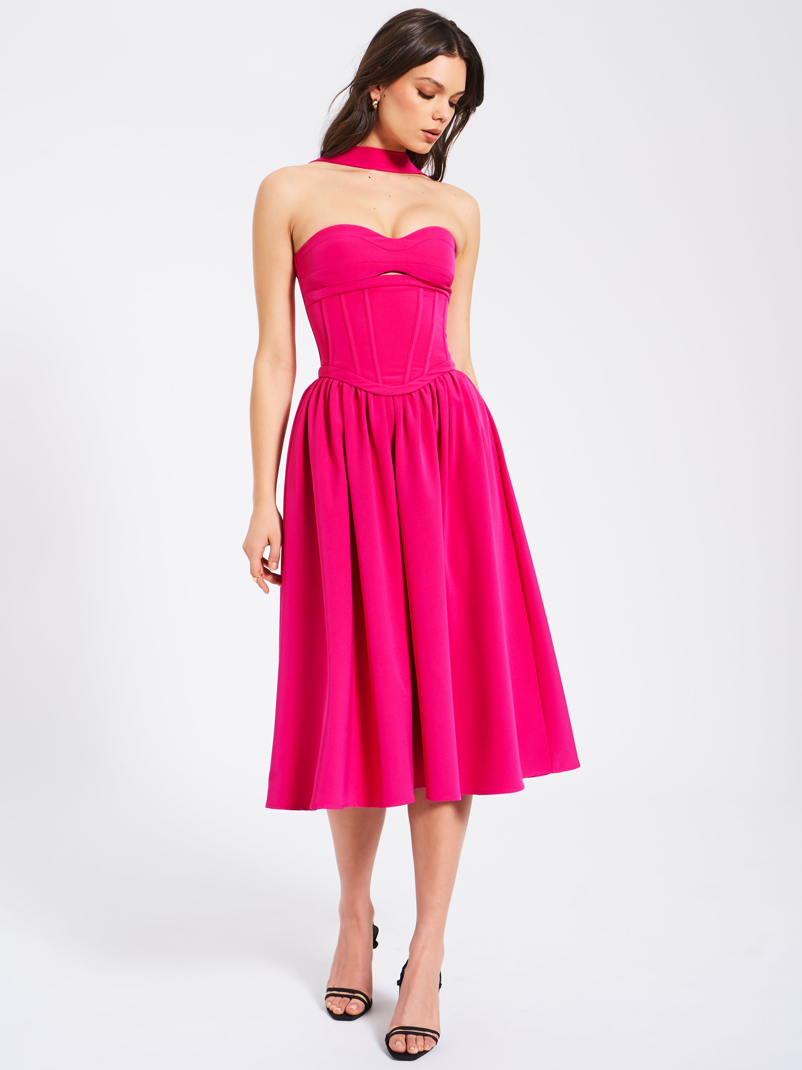 Maia Fuchsia Halter Neck Corset Midi Sundress