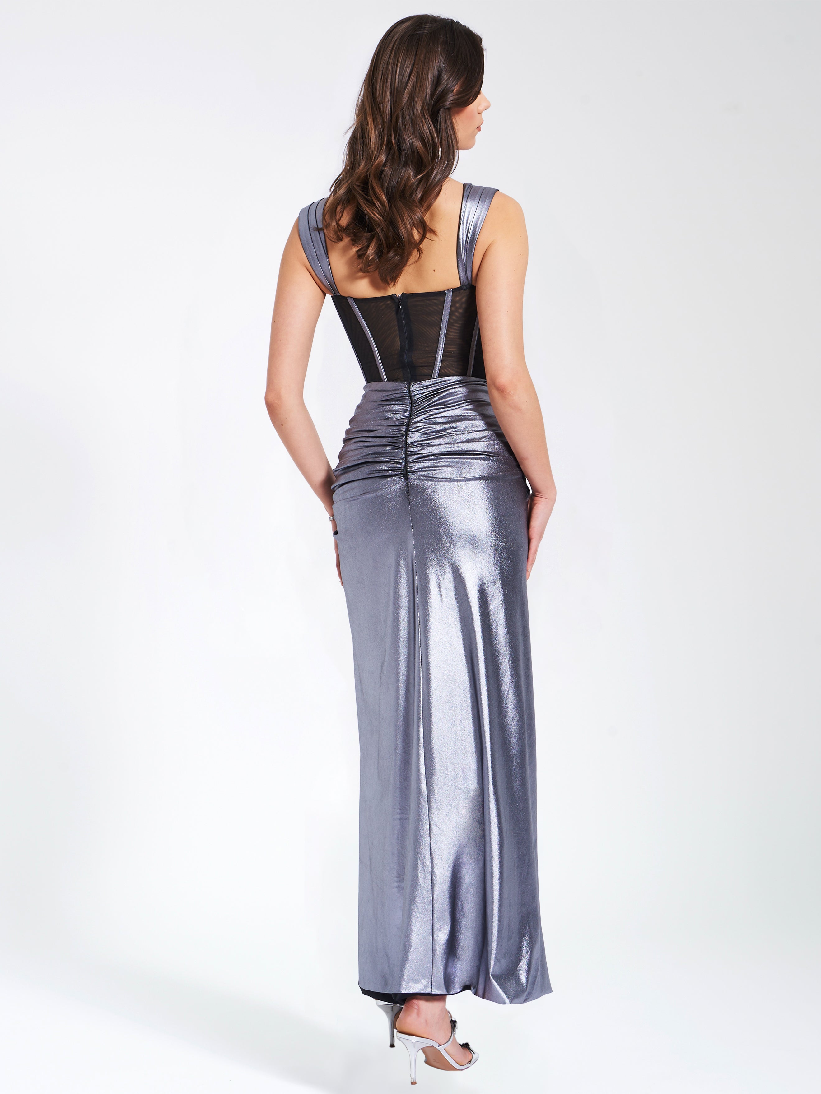 Odessa Silver Metallic Corset Maxi Dress