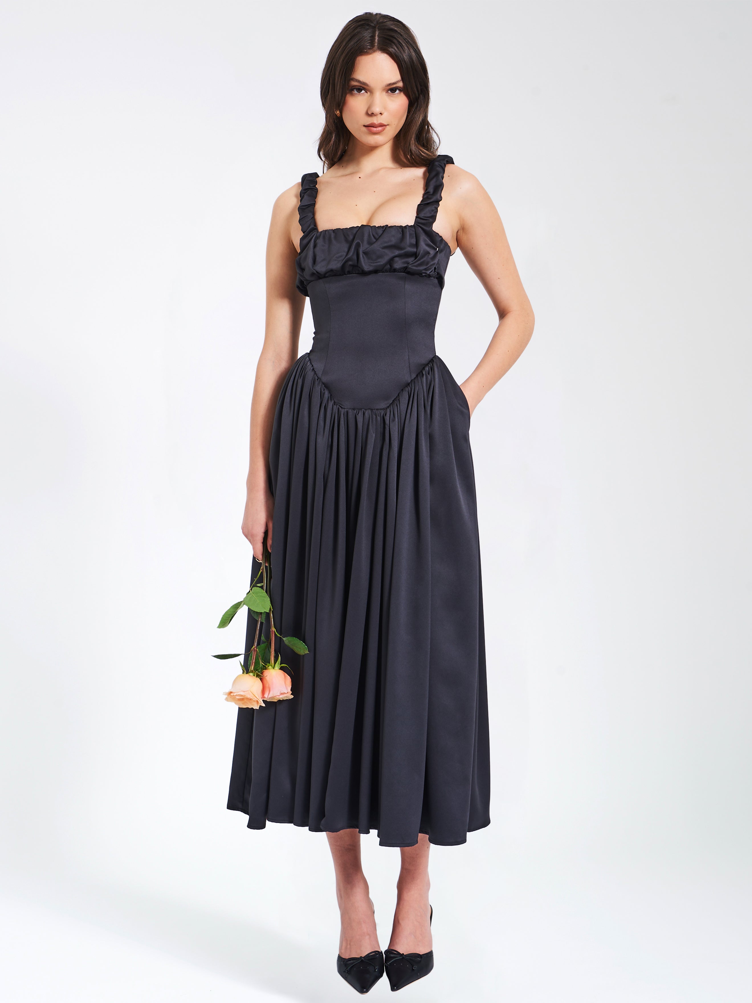 Noreen Black Satin Drop Waist Maxi Sundress