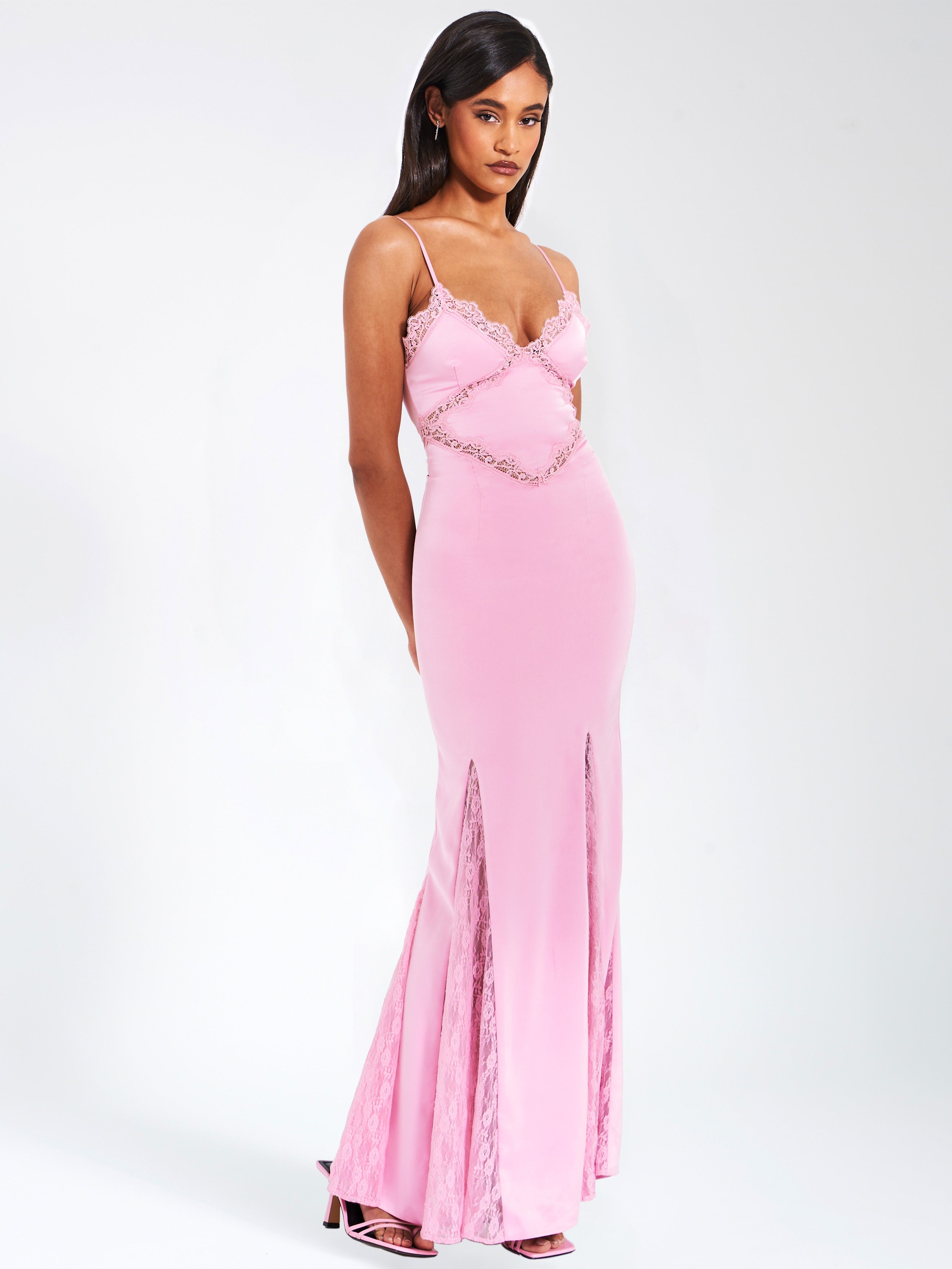 Xandria Pink Lace Satin Mermaid Flare Maxi Dress