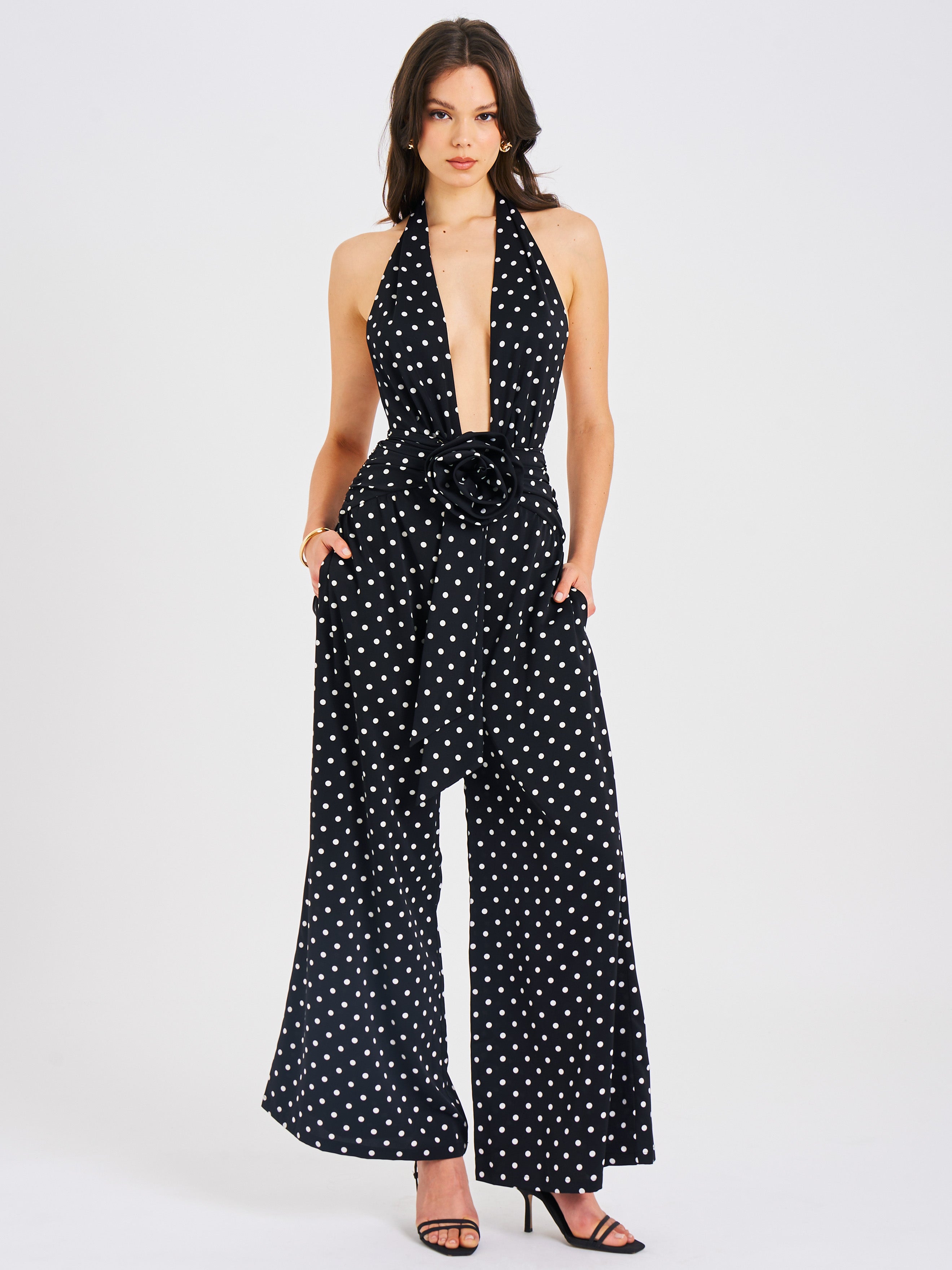 Oriana Black Polka Dots Halter Jumpsuit