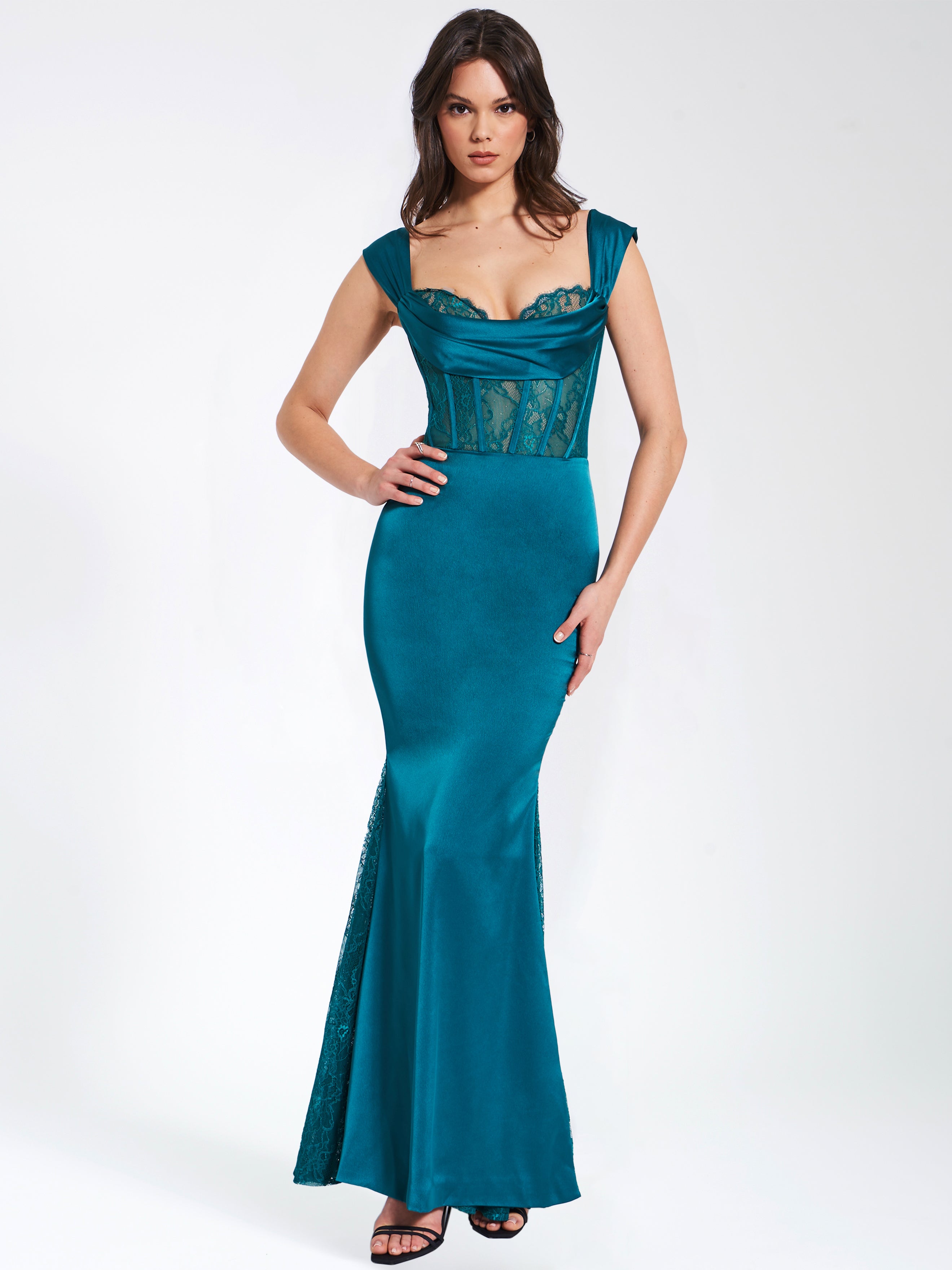 Callista Teal Satin Lace Corset Maxi Dress