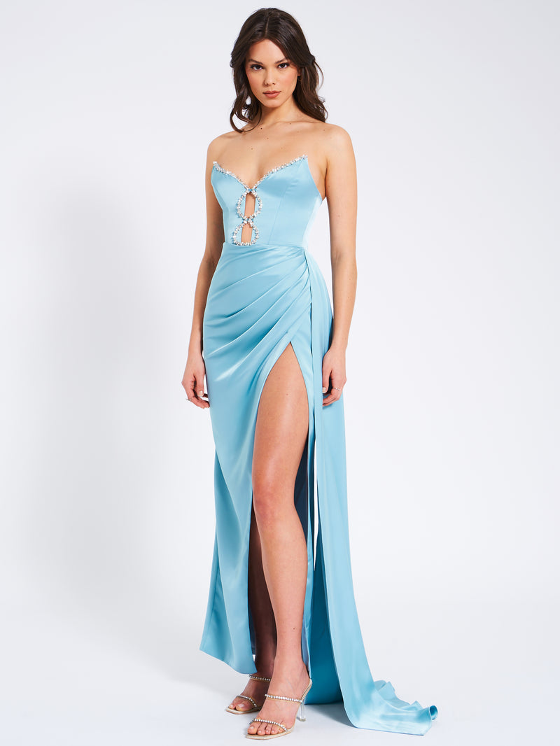 Marilyn Pale Blue Satin Crystal Embellished High Slit Gown