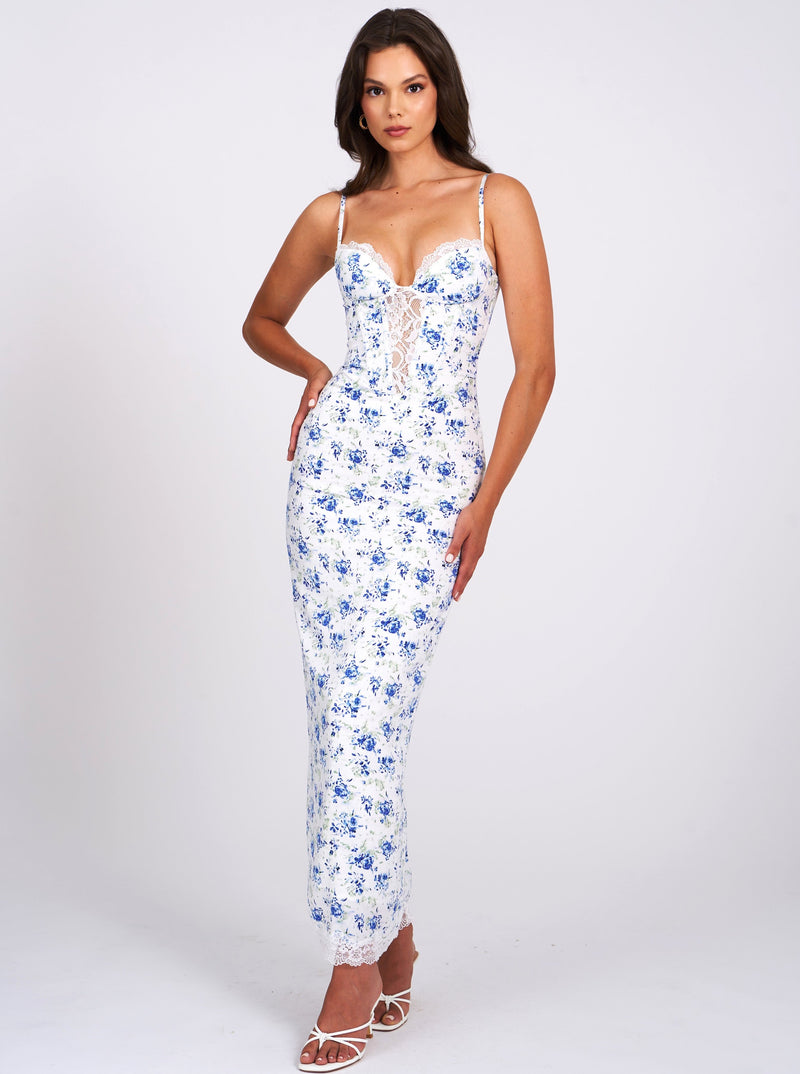 Qwin Blue Floral Print Satin Lace Maxi Dress