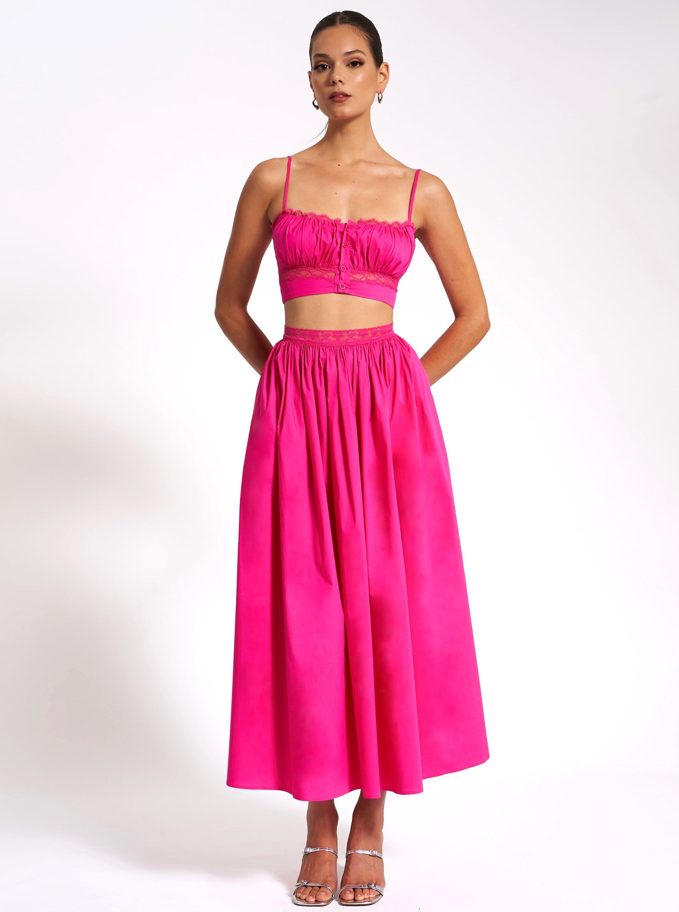 Martha Fuchsia Cotton Poplin Maxi Skirt With Lace Trim