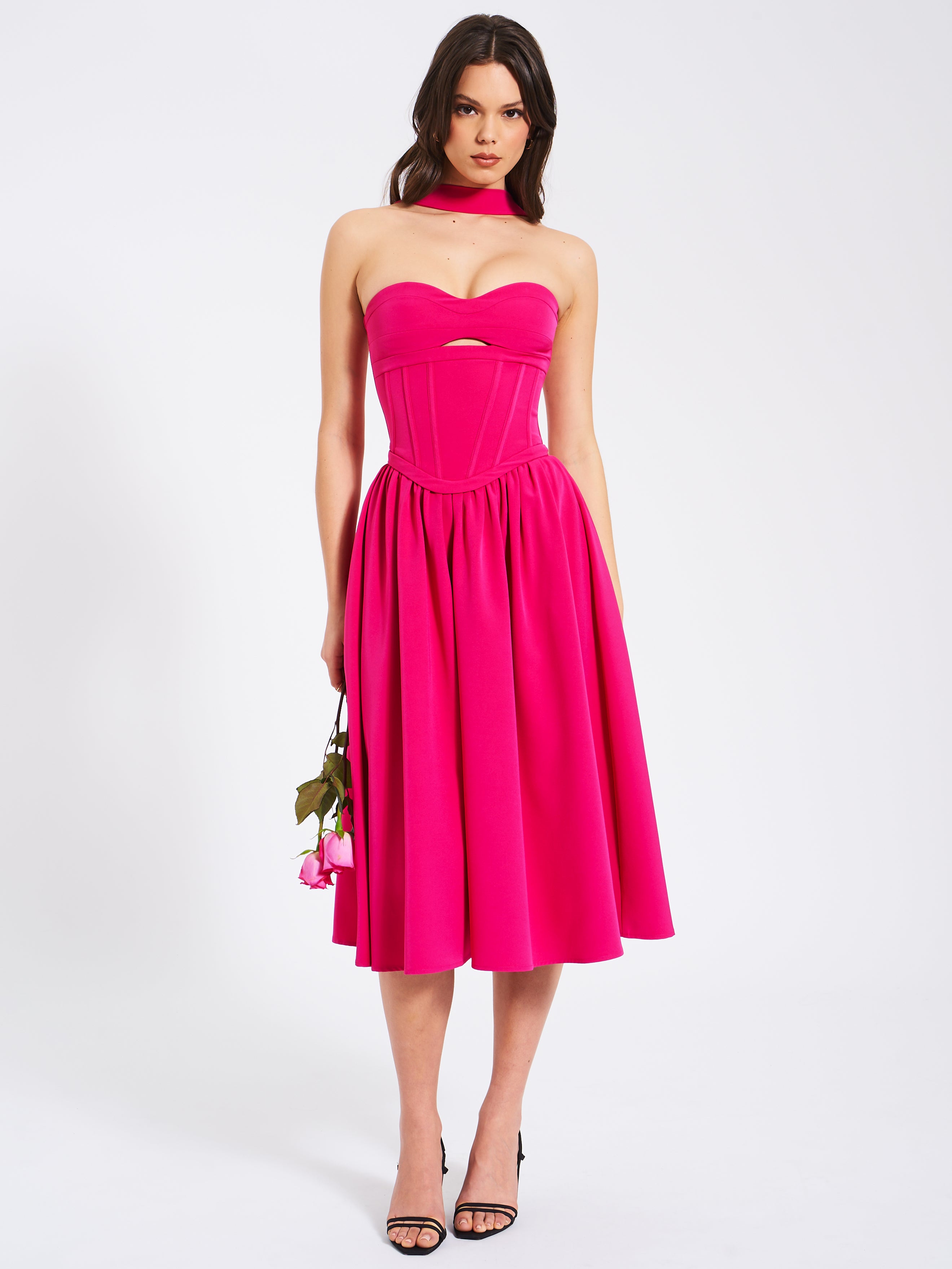 Maia Fuchsia Halter Neck Corset Midi Sundress