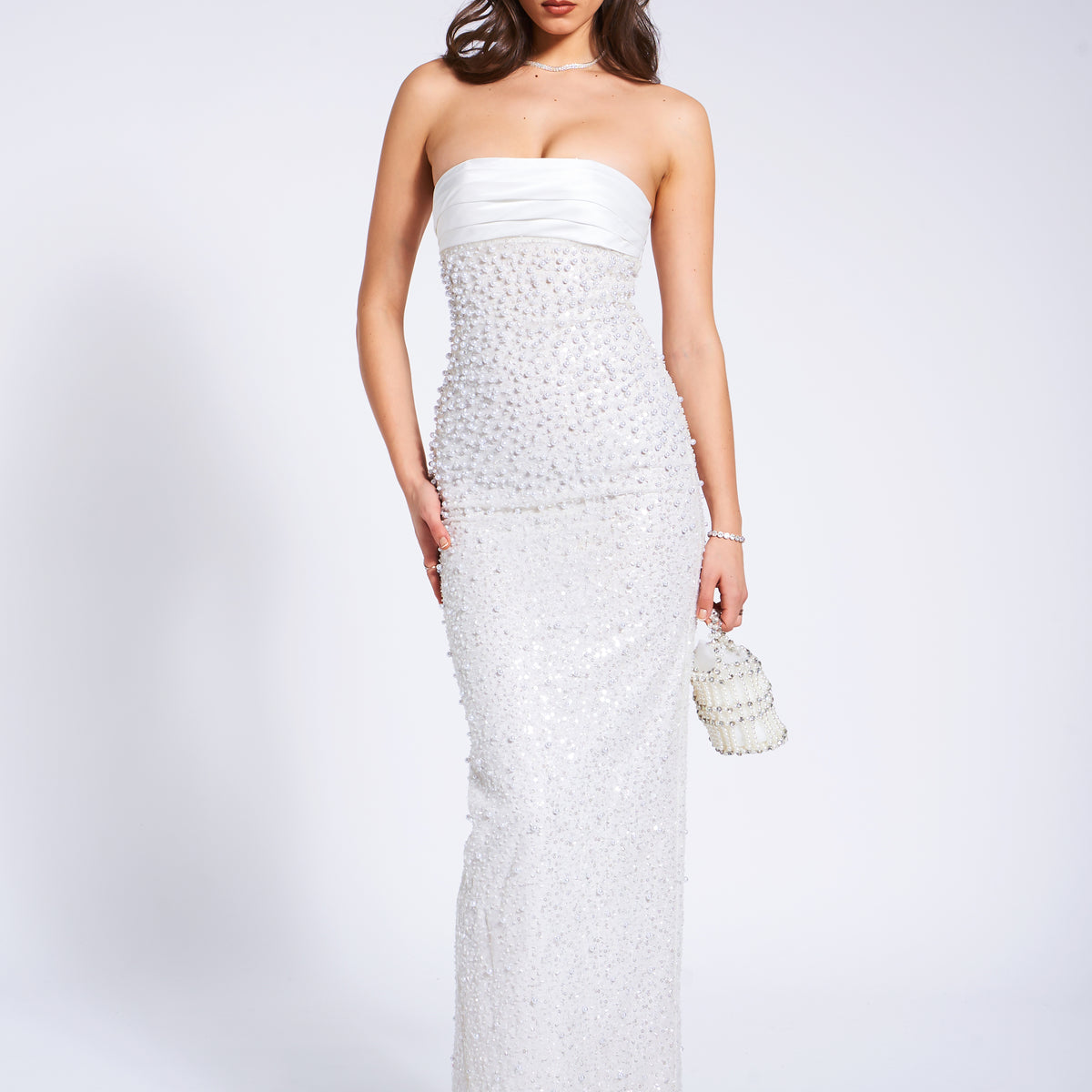white beaded pearl dress Miss Circle Women Lainey Satin Sequin Pearls Maxi Size:10.5
