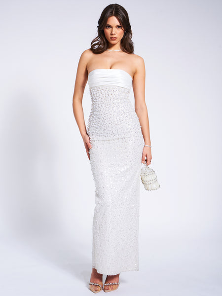 Miss Circle Women Lainey White Satin Sequin Pearls Beaded Maxi Dress