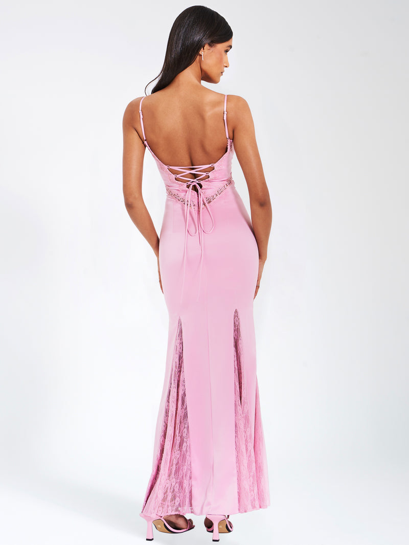 Xandria Pink Lace Satin Mermaid Flare Maxi Dress
