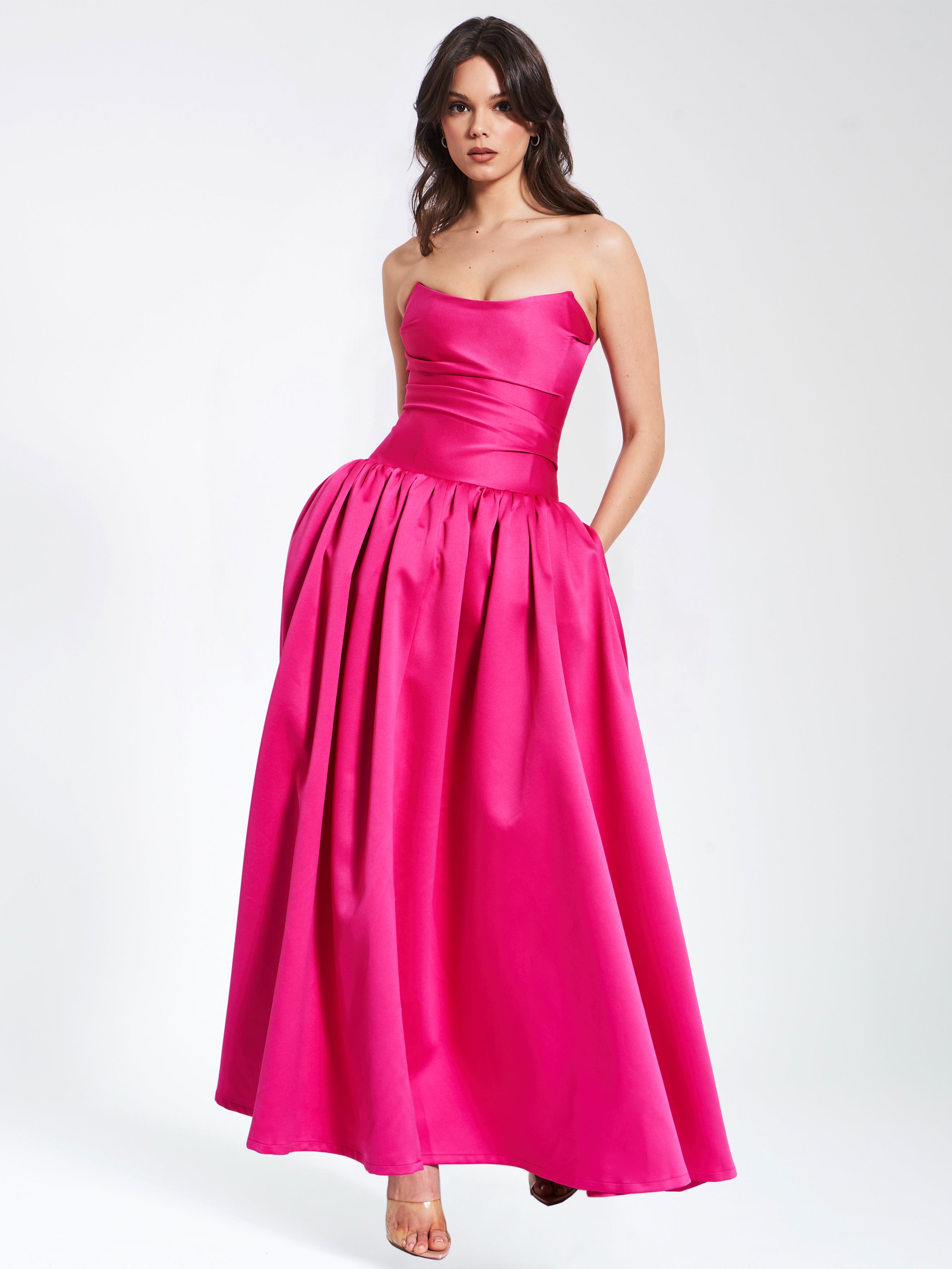 Miss Circle Women's Walterina Fuchsia Satin Strapless Drop Waist Corset Gown - Dark Pink Miss Circle Women's Walterina Fuchsia Satin Strapless Drop Waist Corset Gown - Dark Pink