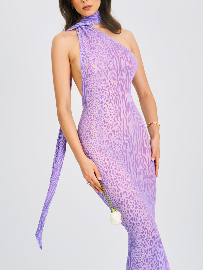 Olena Purple Burnout Velvet Animal Print Mesh Halter Neck Maxi Dress