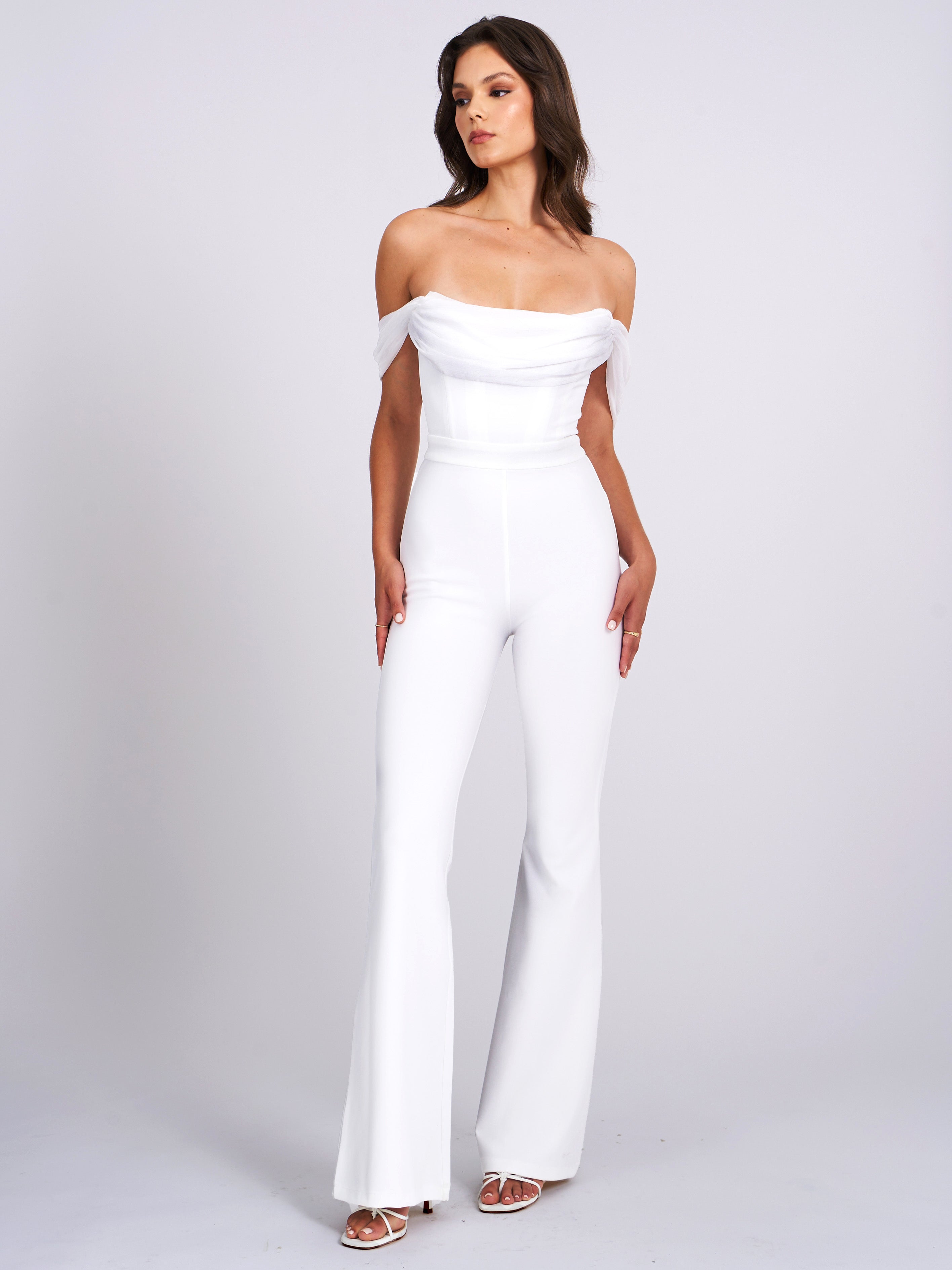 Sherlyn White Off Shoulder Flared Crepe Jumpsuit