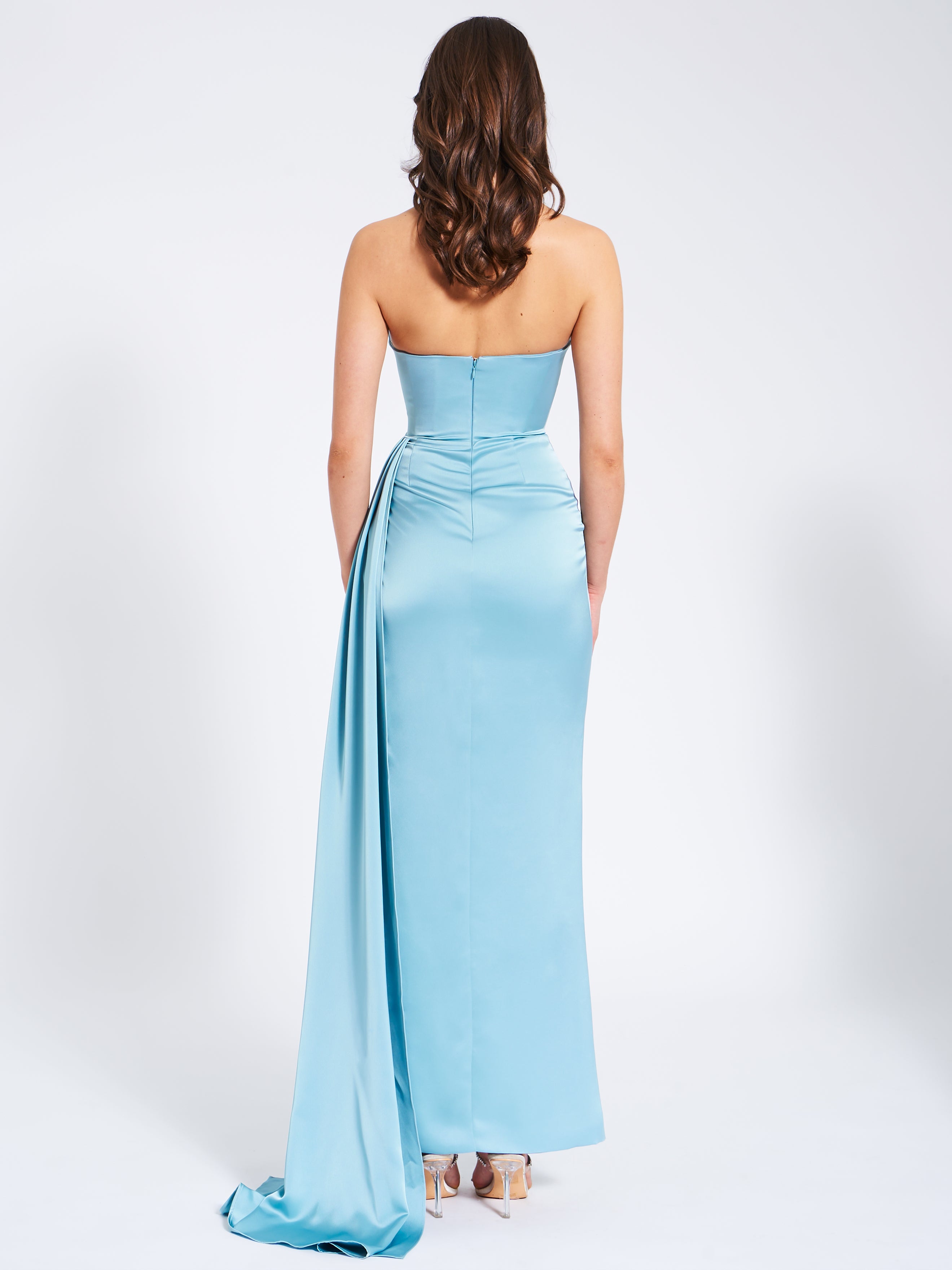 Marilyn Pale Blue Satin Crystal Embellished High Slit Gown