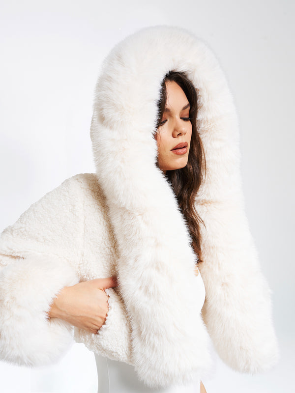 Kali White Cropped Faux Fur Jacket With Hood