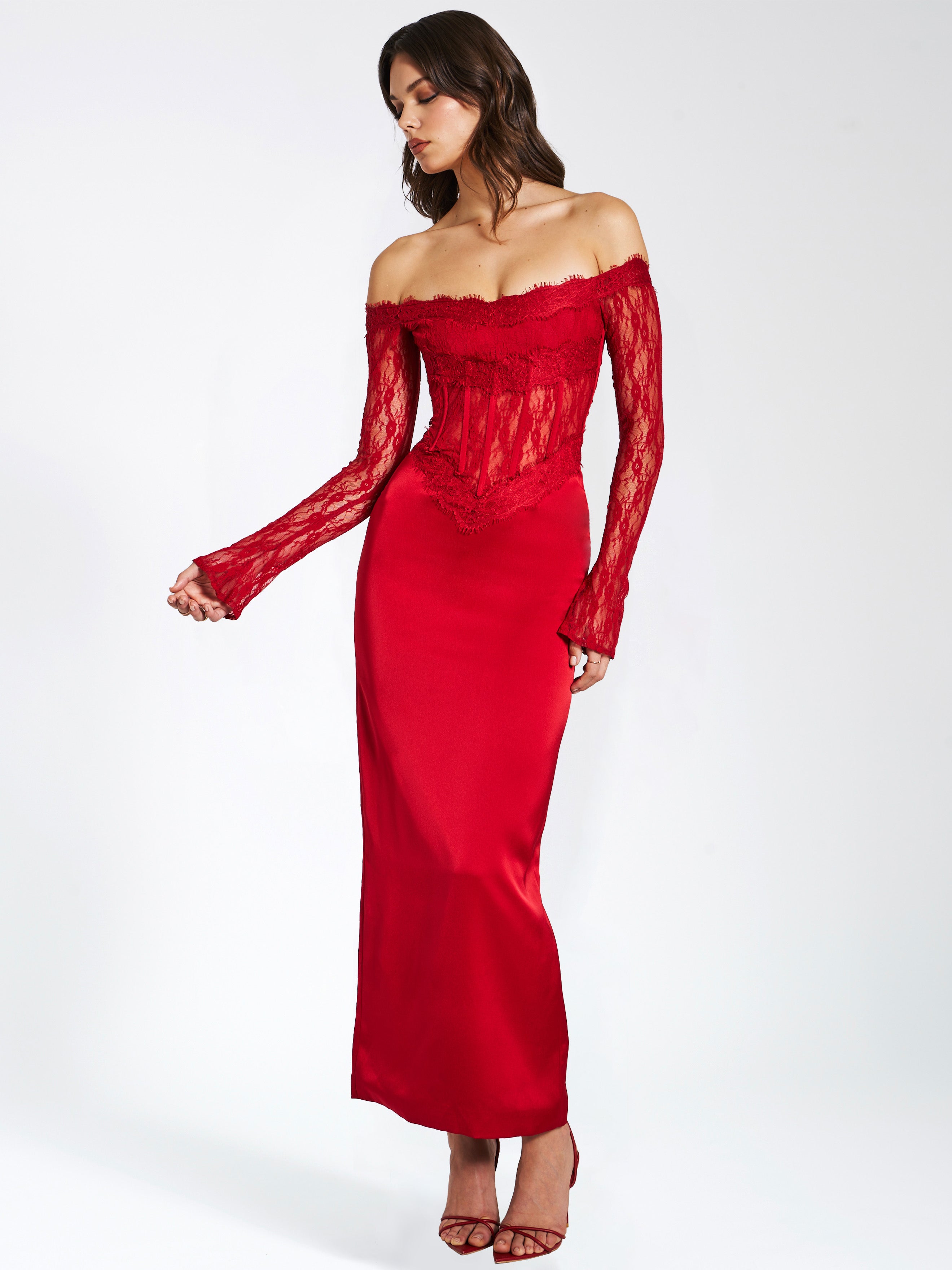 Nessa Red Lace Satin Corset Maxi Dress – Miss Circle