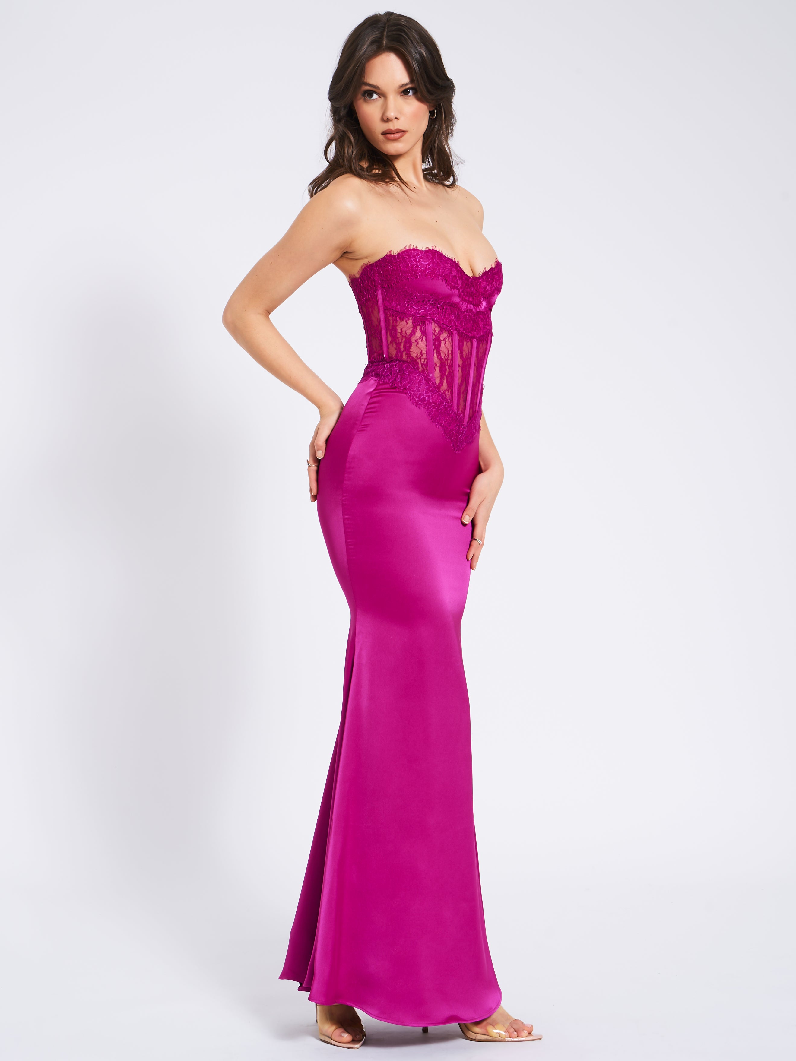 Everleigh Fuchsia Lace Satin Corset Maxi Dress