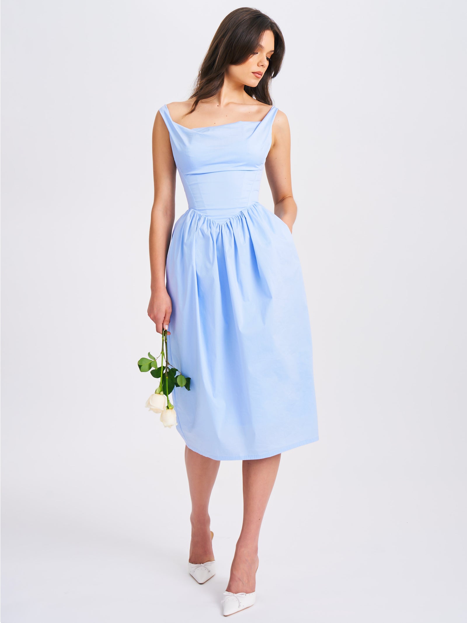 Reina Blue Cotton Poplin Drop Waist Corset Midi Dress