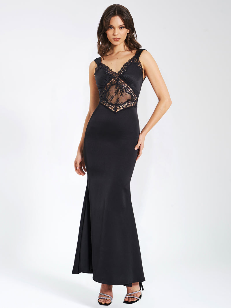 Camila Black Satin and Lace Maxi Dress โ Miss Circle