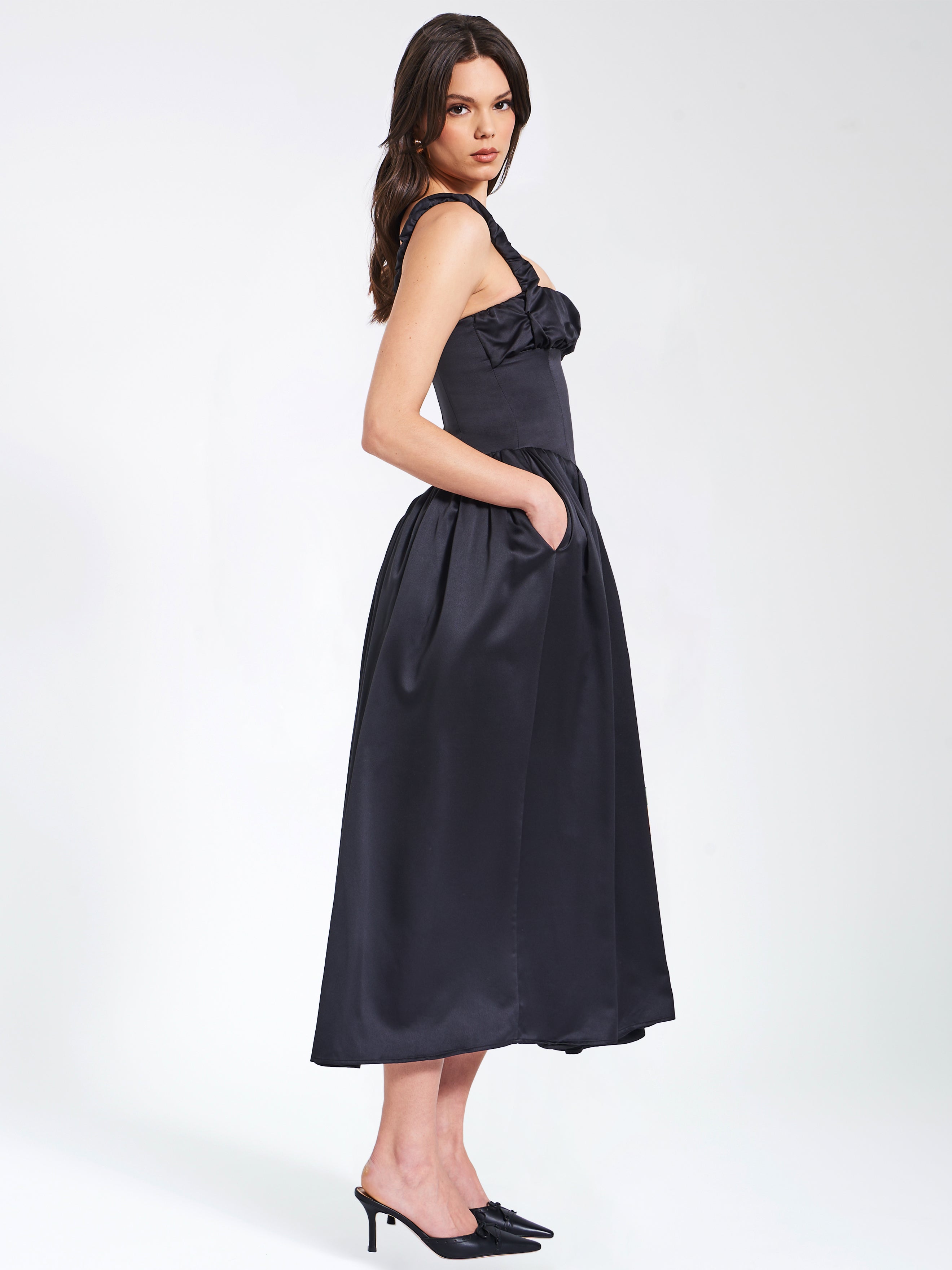 Noreen Black Satin Drop Waist Maxi Sundress