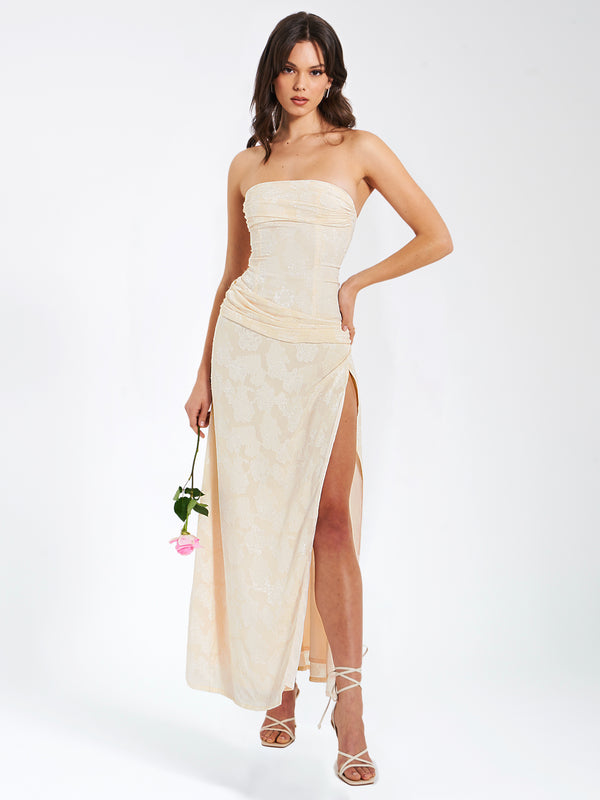Xatia Off White Jacquard Textured High Slit Maxi Dress