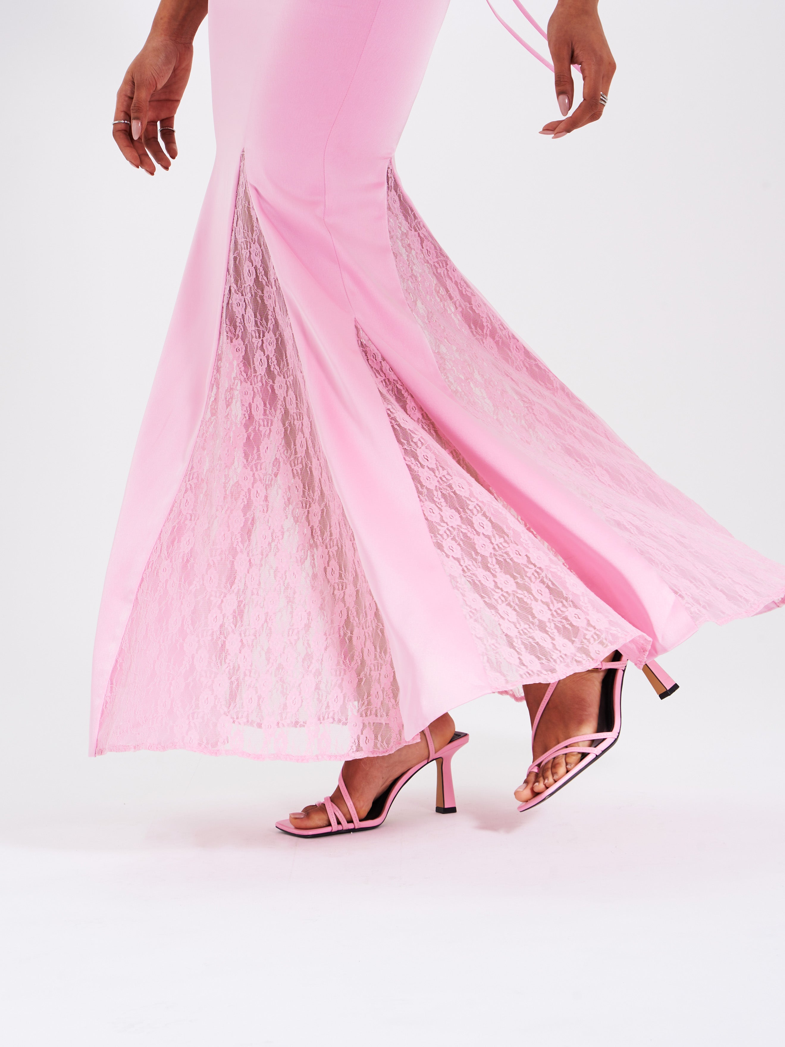 Xandria Pink Lace Satin Mermaid Flare Maxi Dress