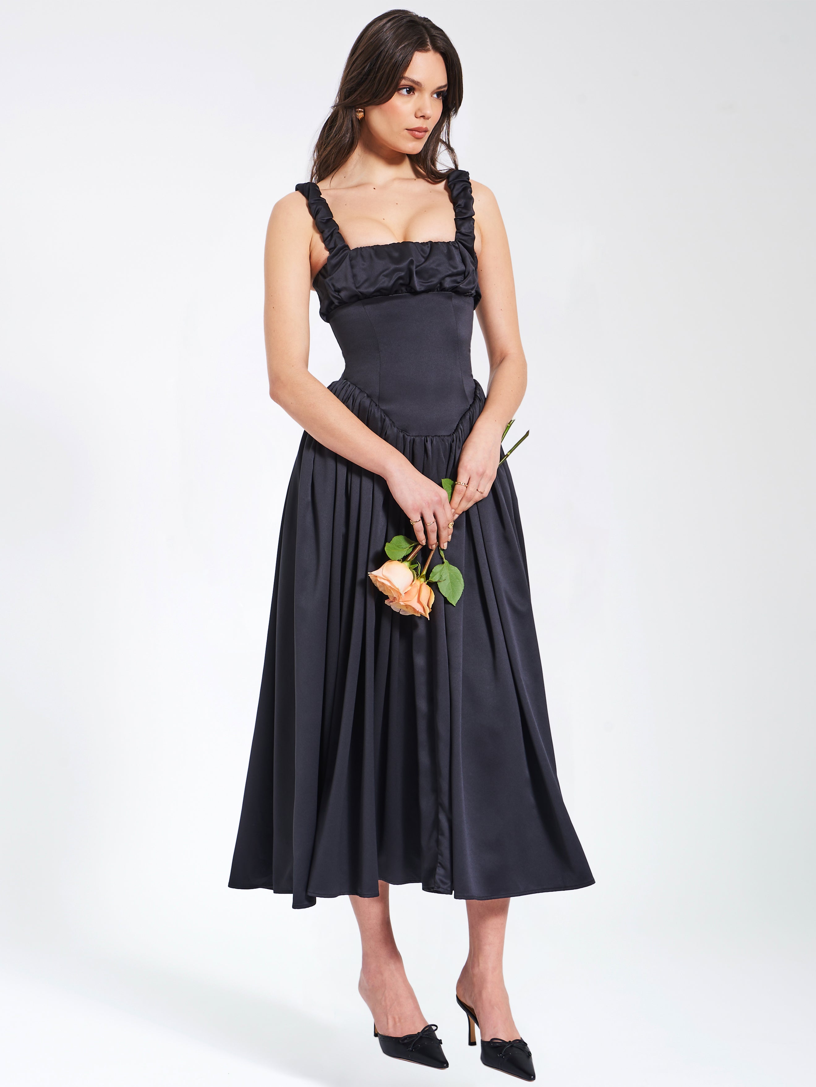 Noreen Black Satin Drop Waist Maxi Sundress