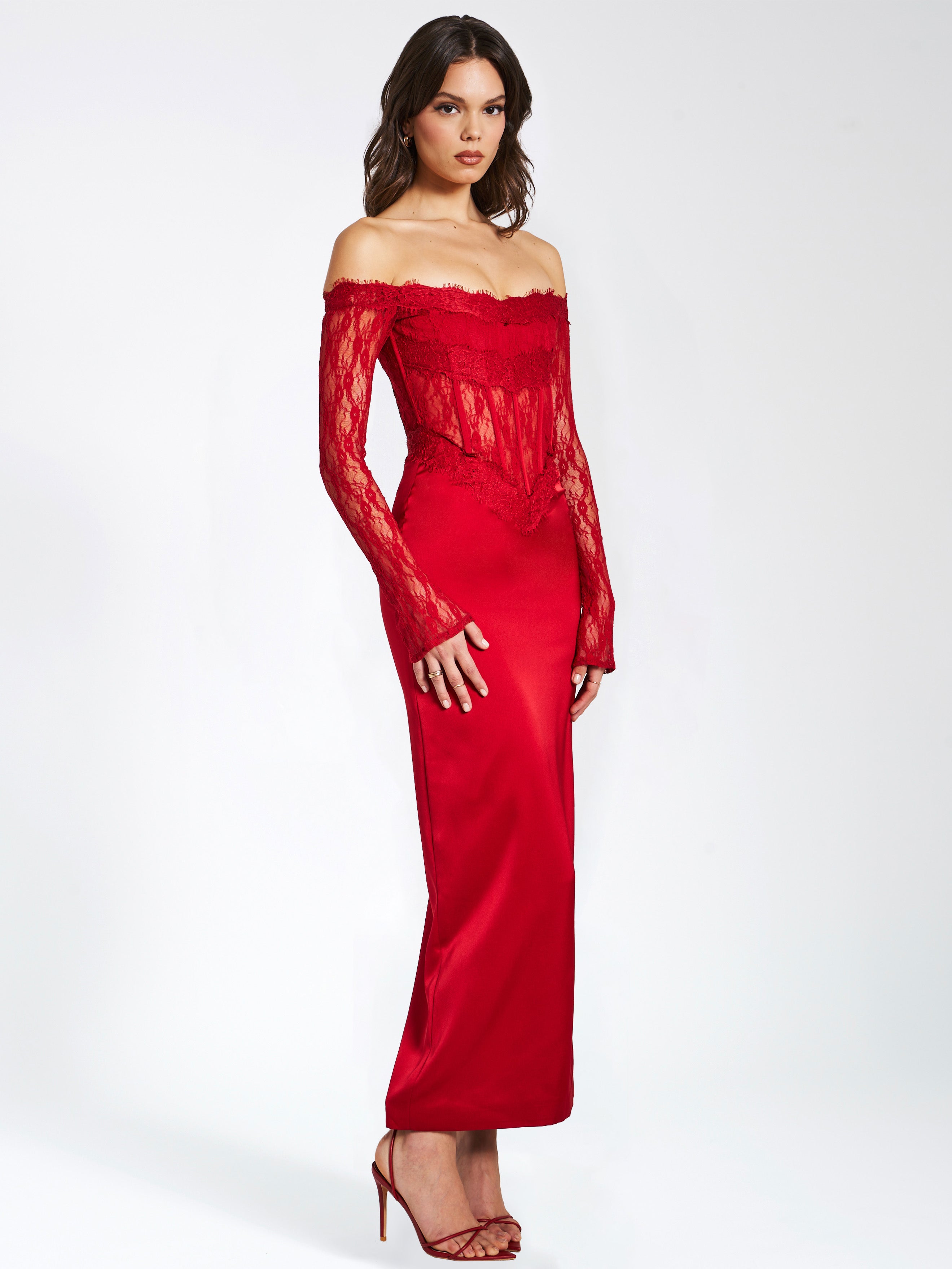 Nessa Red Lace Satin Corset Maxi Dress