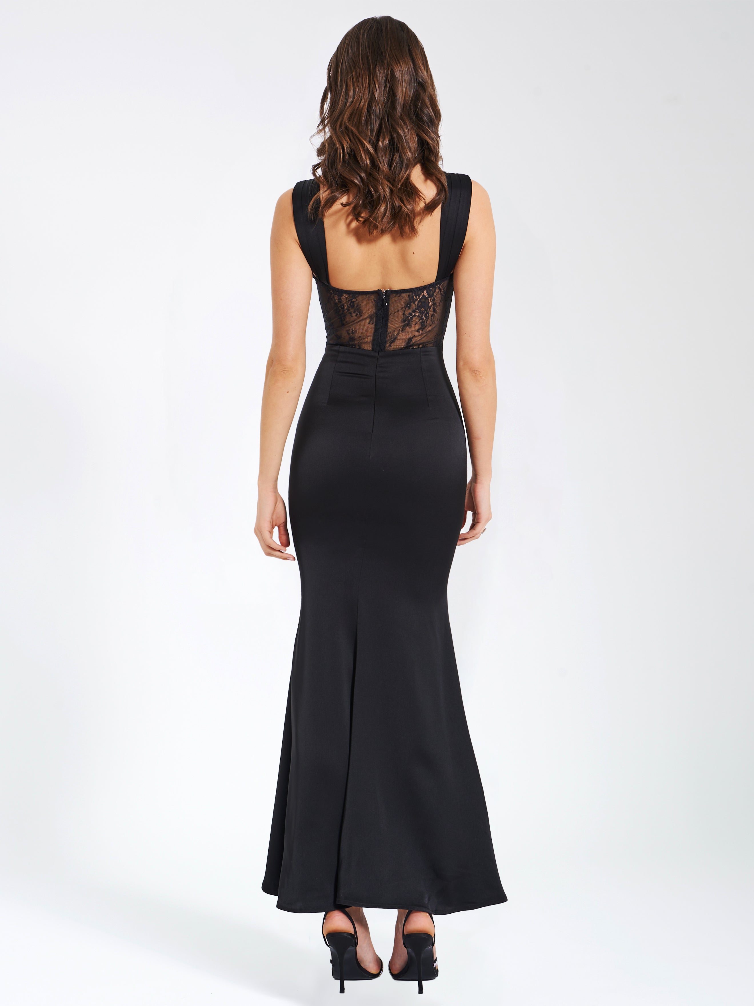 Camila Black Satin and Lace Maxi Dress