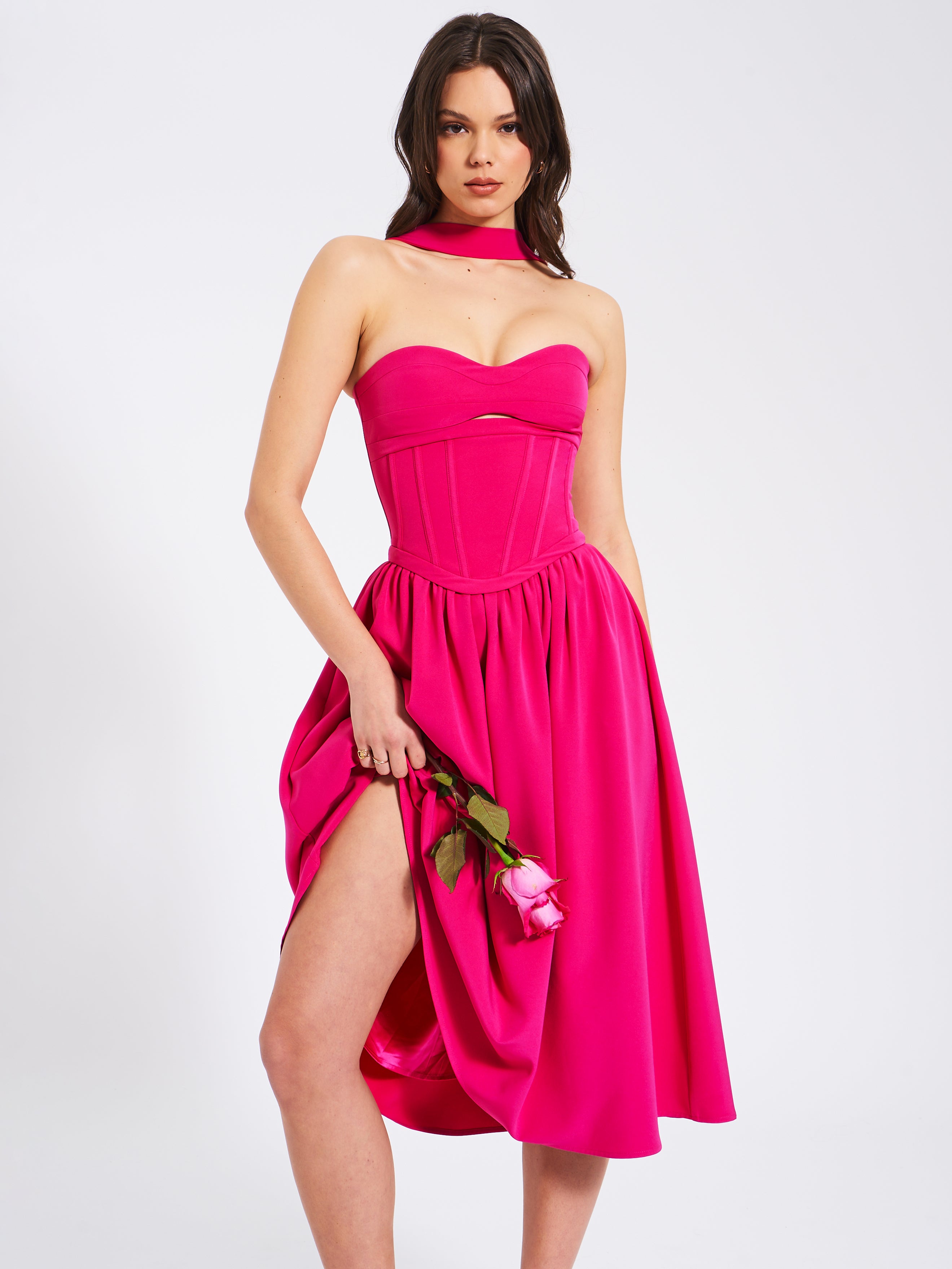 Maia Fuchsia Halter Neck Corset Midi Sundress