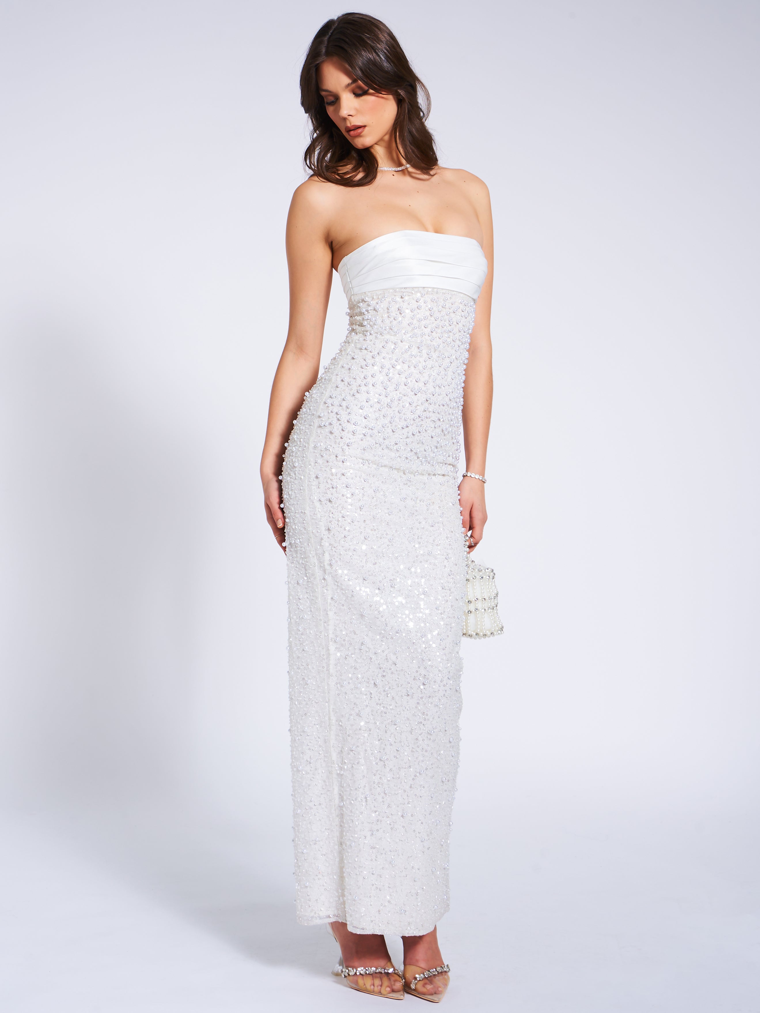 Miss Circle Women Lainey White Satin Sequin Pearls Beaded Maxi Dress Miss Circle Women Lainey White Satin Sequin Pearls Beaded Maxi Dress