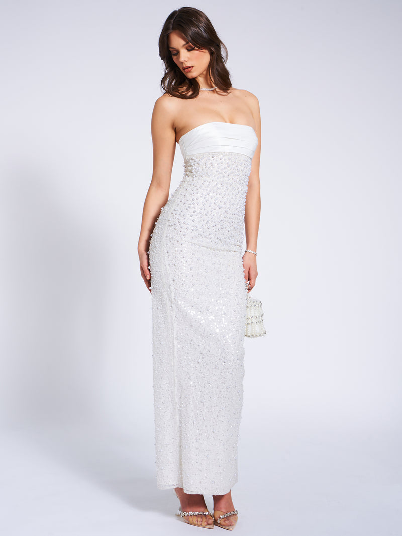 Lainey White Satin Sequin Pearls Beaded Maxi Dress
