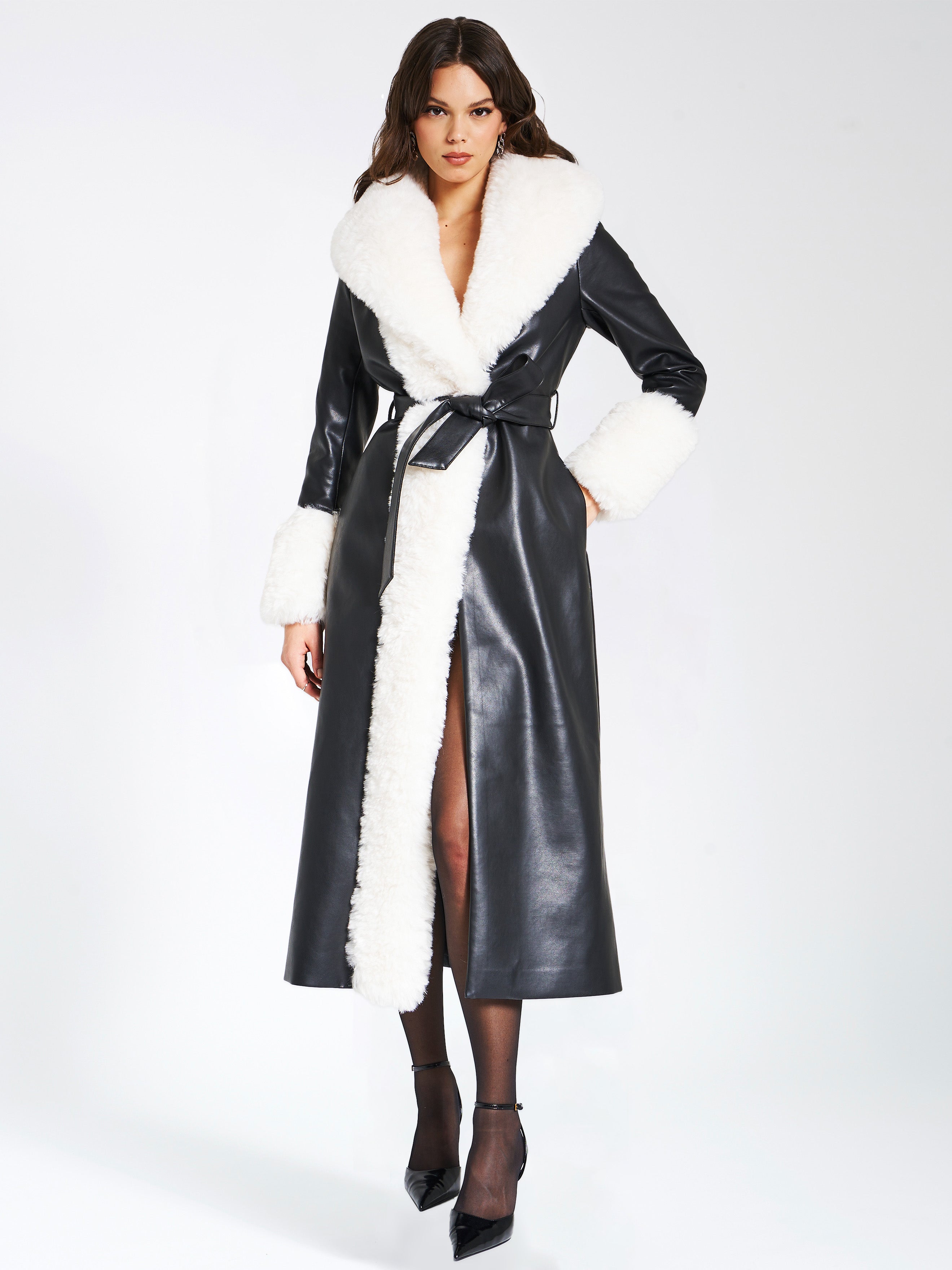 Zaida White Vegan Fur Trim Black Vegan Leather Coat