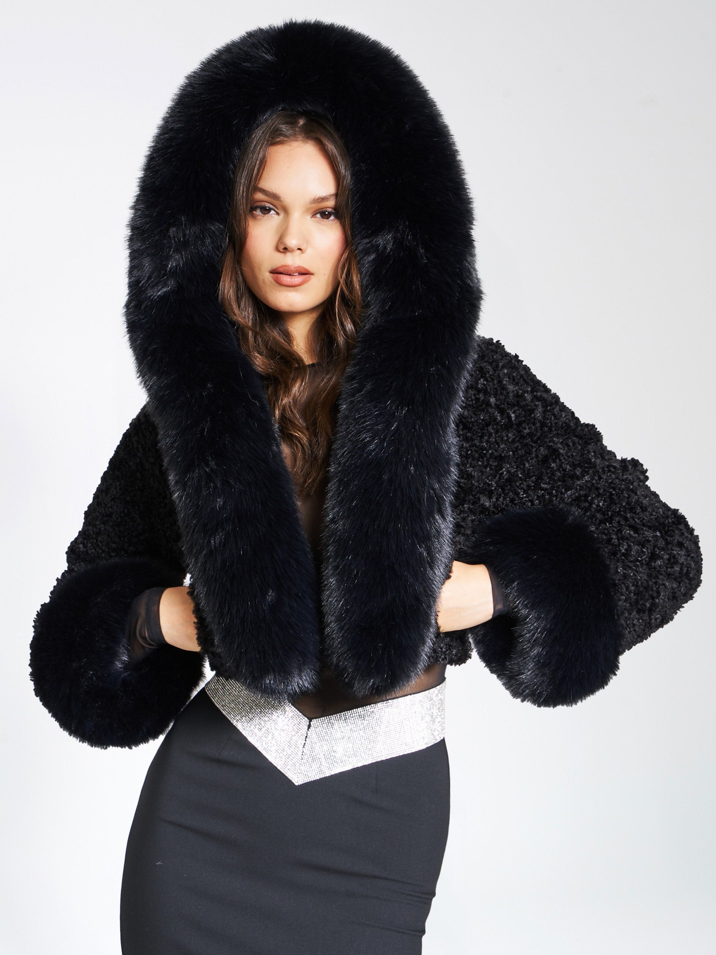 Kali Black Cropped Vegan Fur Jacket With Hood - Main Image