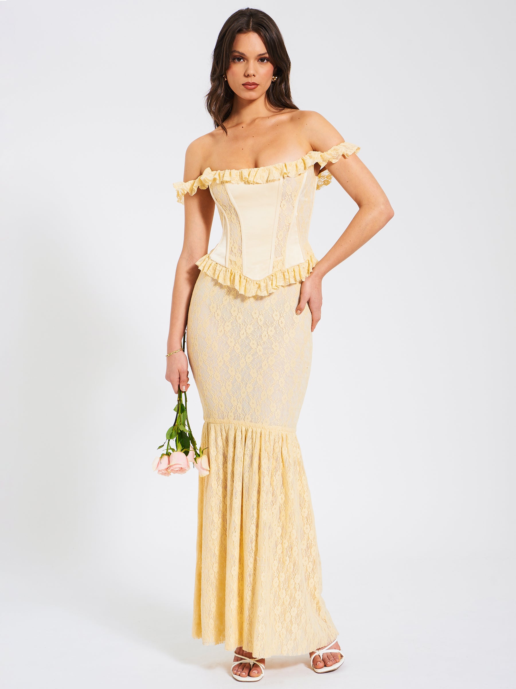 Ersilia Pale Yellow Satin Lace Peplum Corset Off Shoulder Maxi Dress Ersilia Pale Yellow Satin Lace Peplum Corset Off Shoulder Maxi Dress