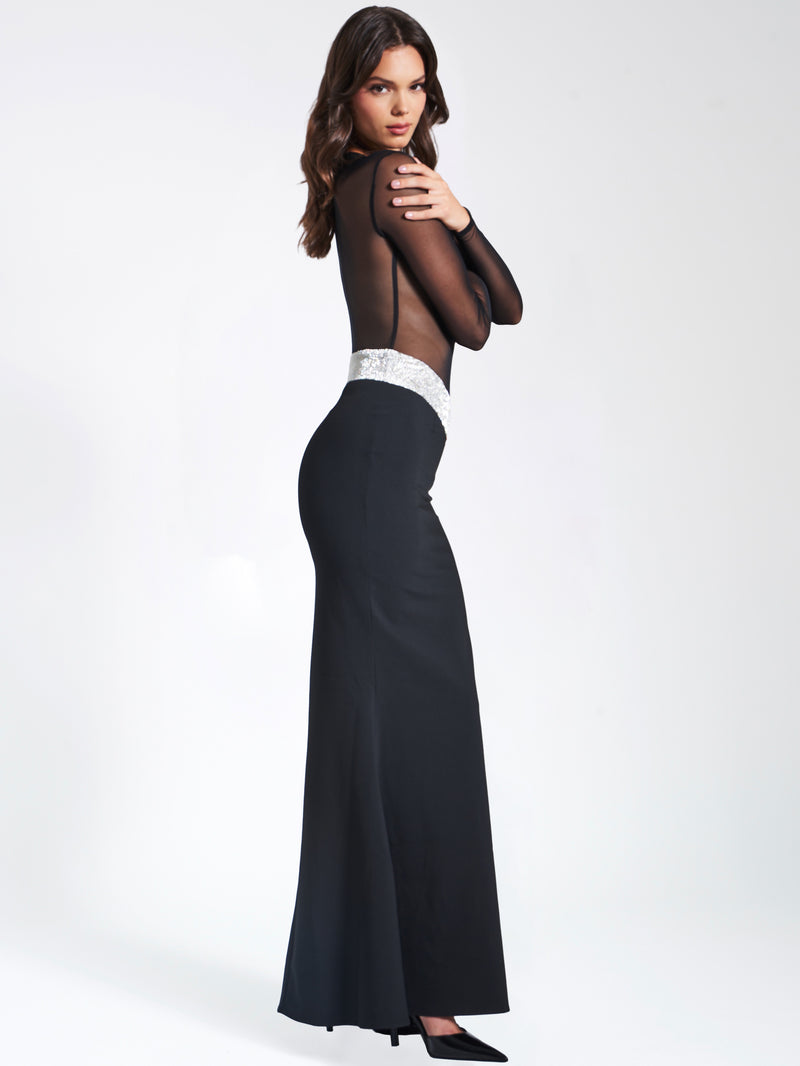 Aggie Black Sheer Maxi Dress With Crystal Waist Trim – Miss Circle