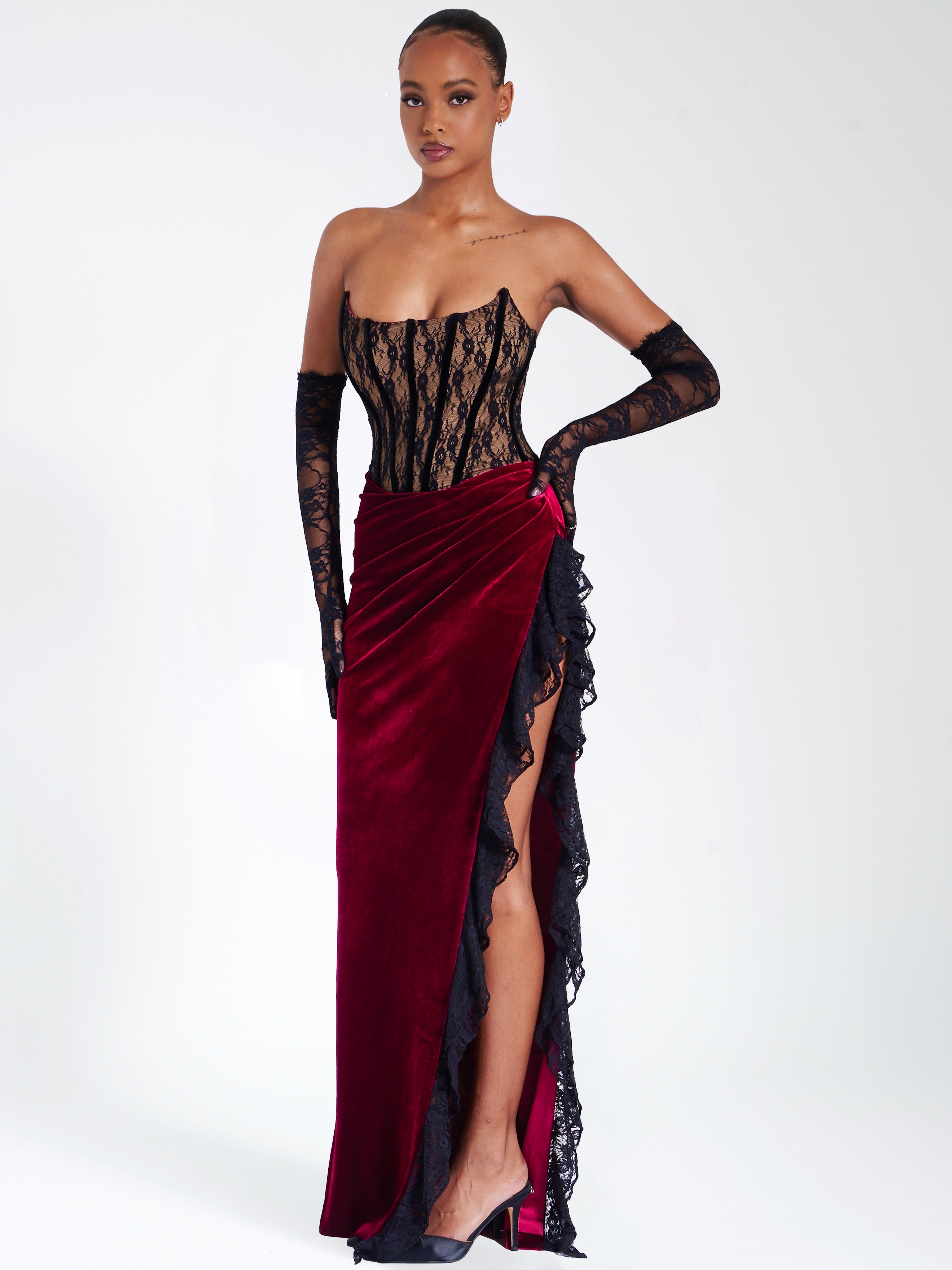 Gaia Burgundy Lace Velvet Corset Side Slit Dress