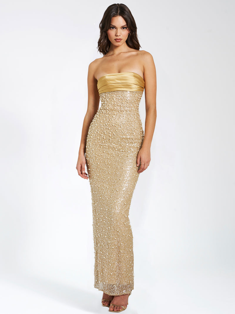 Lainey Gold Satin Sequin Pearls Beaded Maxi Dress