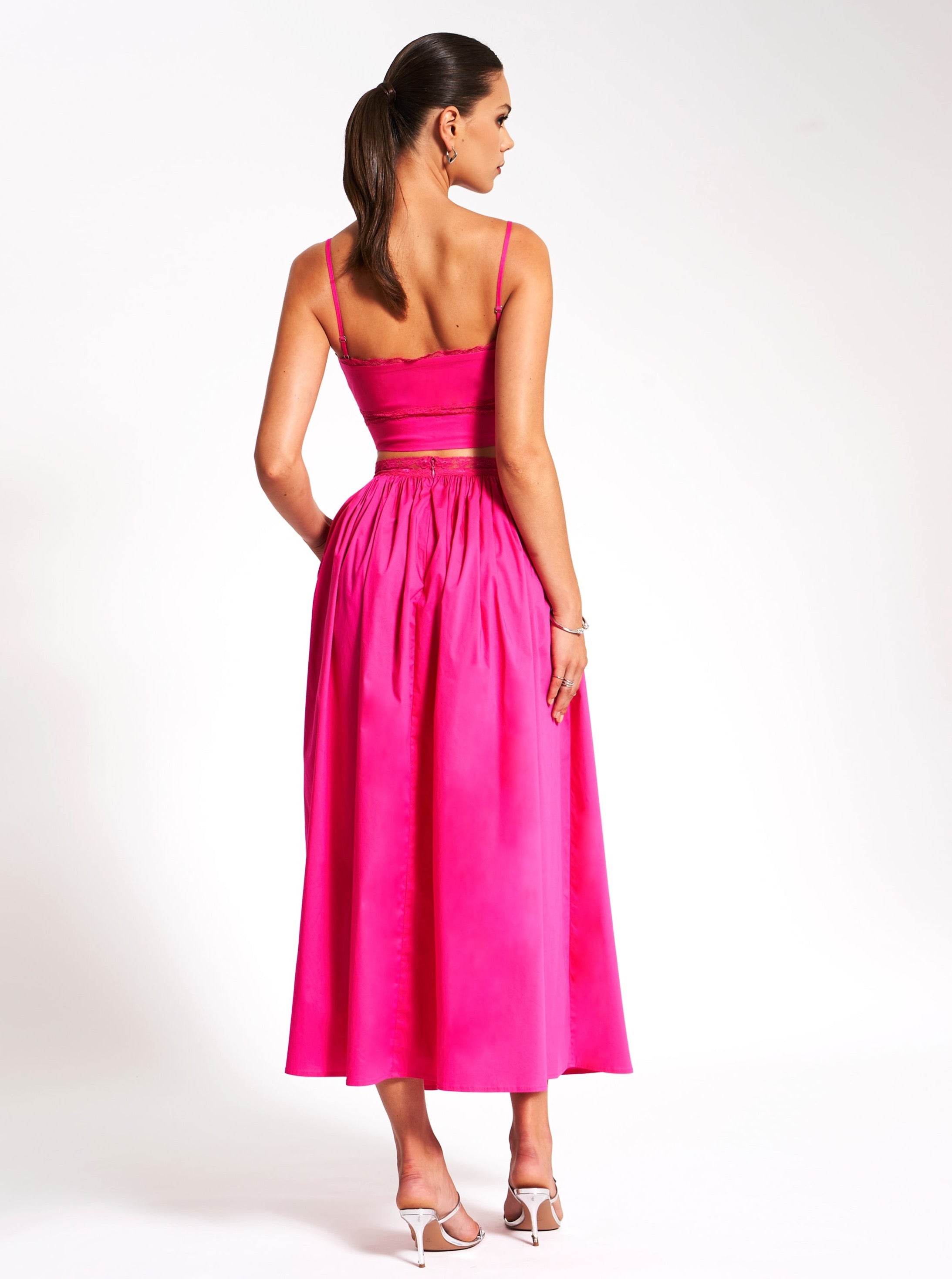 Martha Fuchsia Cotton Poplin Maxi Skirt With Lace Trim