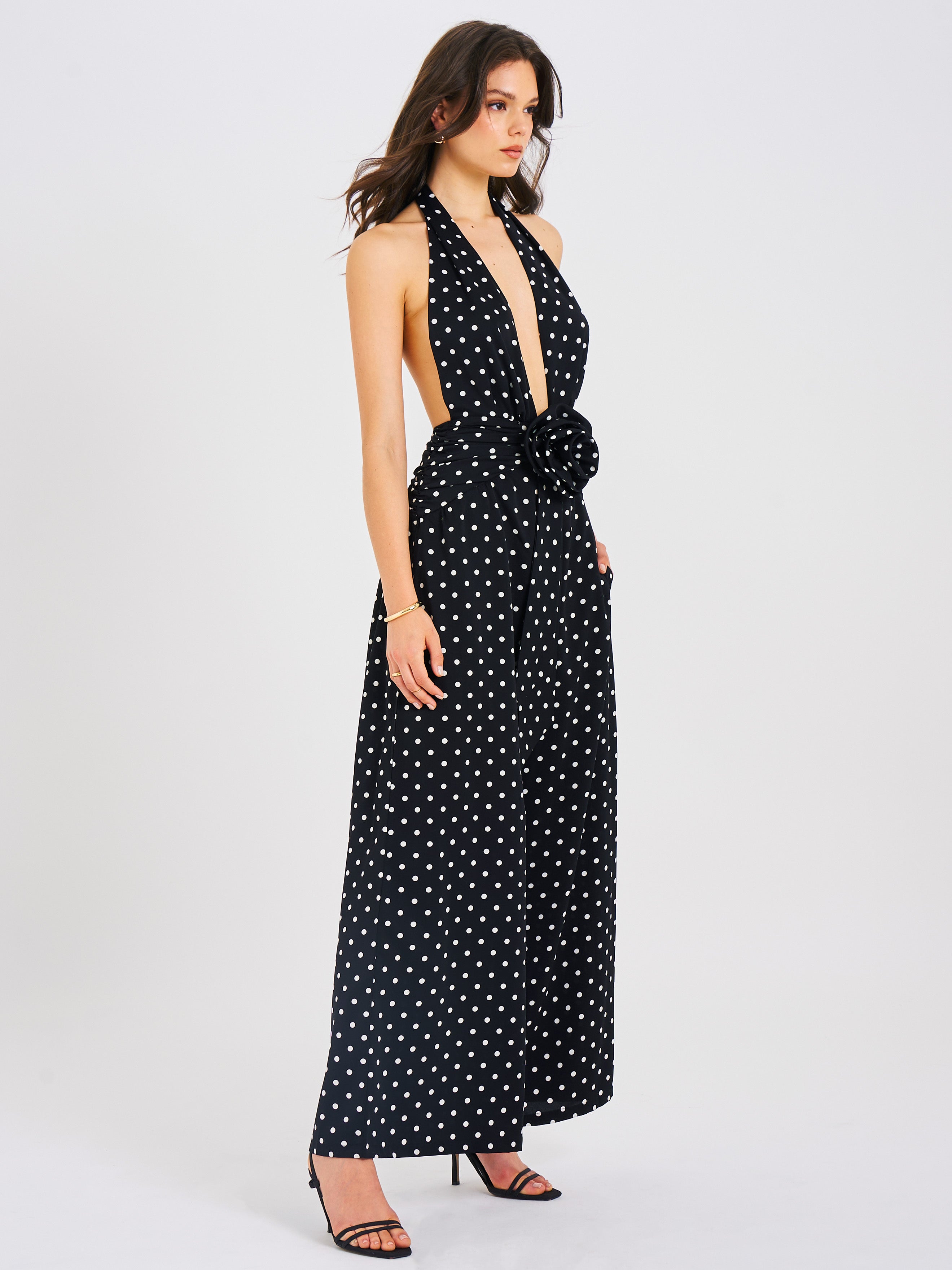 Oriana Black Polka Dots Halter Jumpsuit