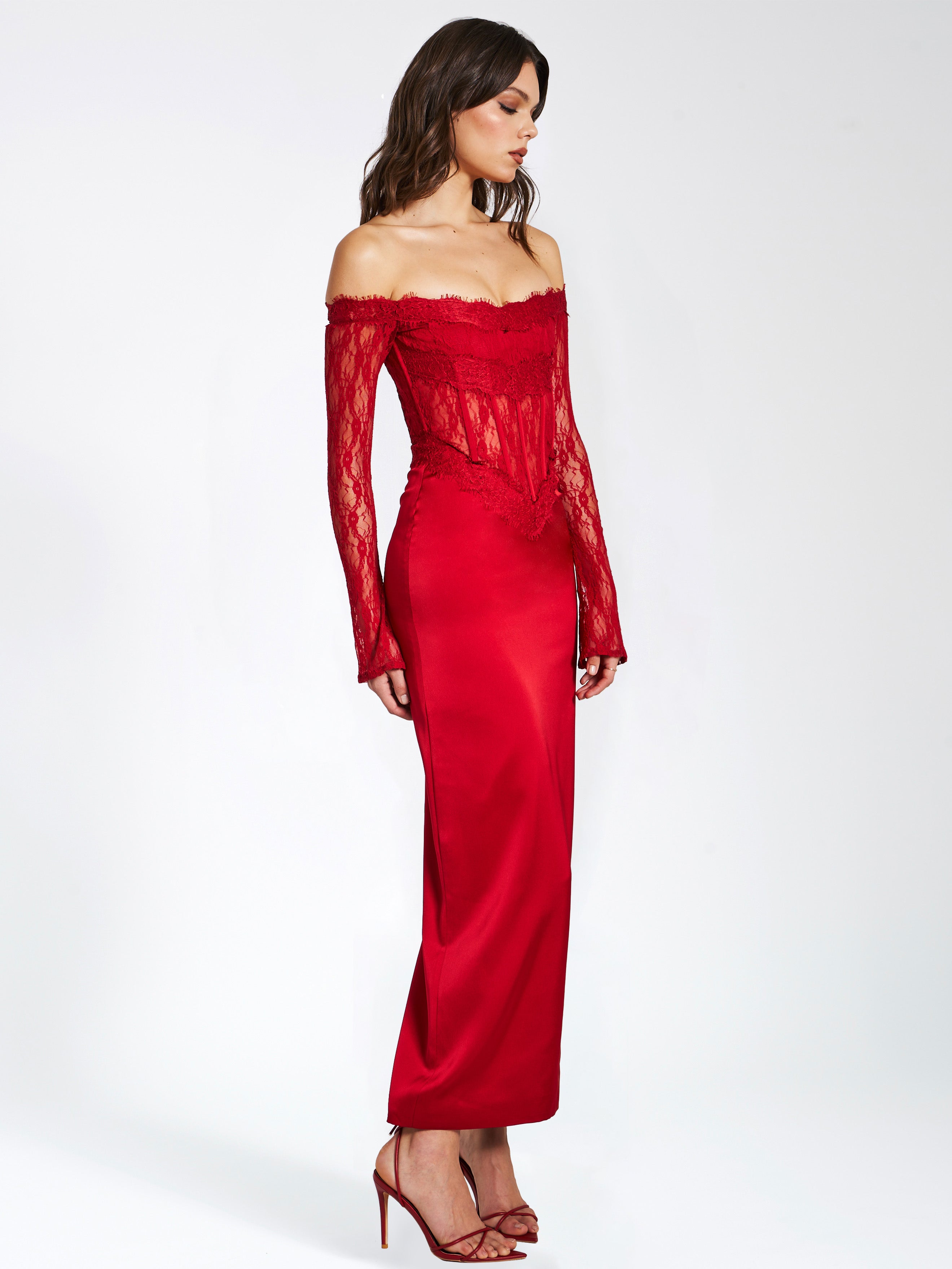 Miss Circle Women Nessa Red Lace Satin Corset Maxi Dress Miss Circle Women Nessa Red Lace Satin Corset Maxi Dress