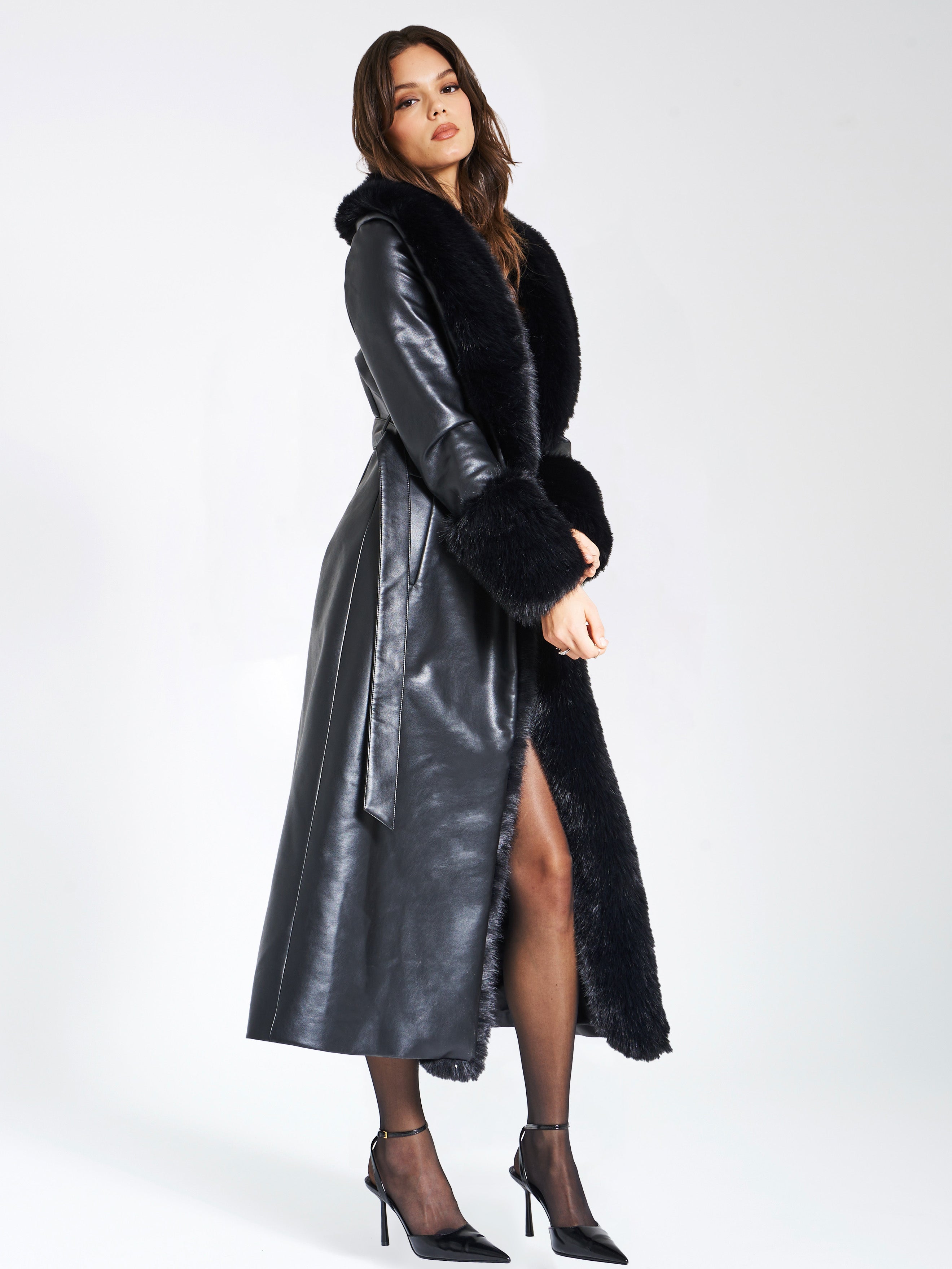 Zaida Black Vegan Fur Trim Black Vegan Leather Coat